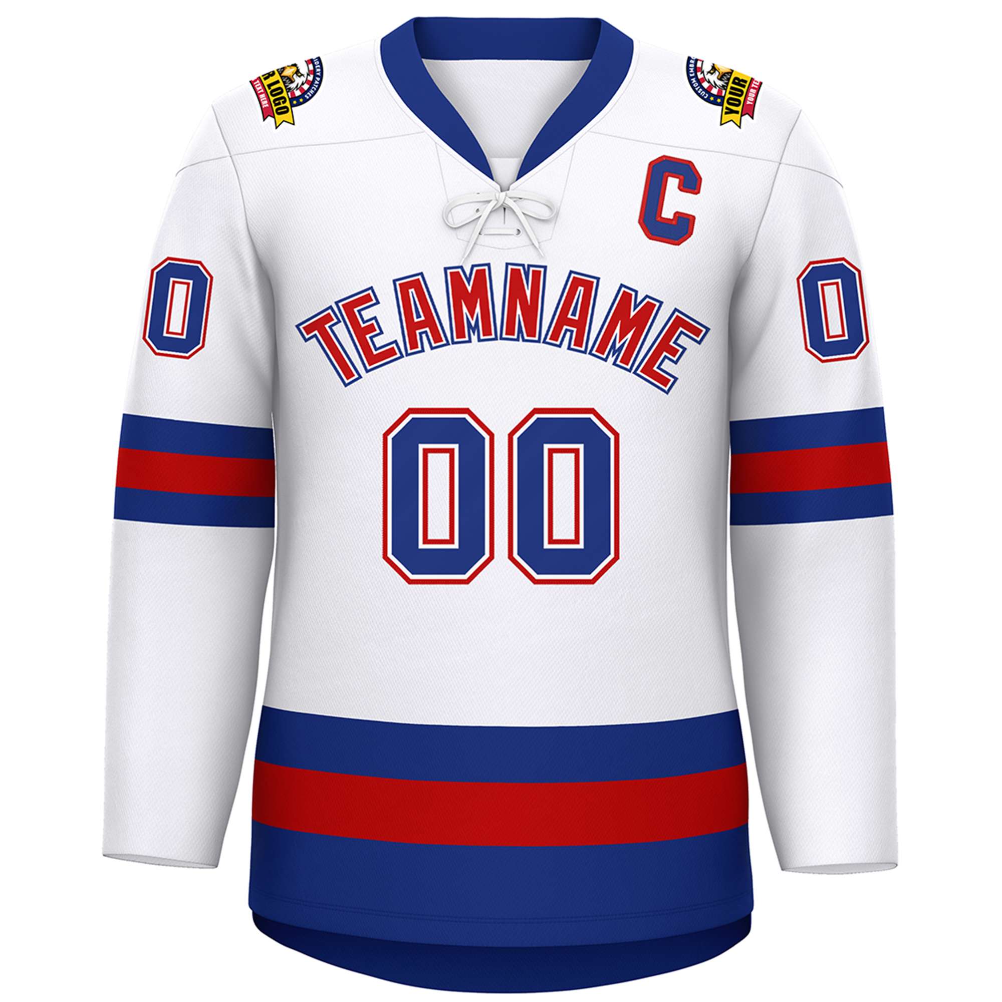 Custom White Red-Royal Lace-Up Neck Hockey Jersey