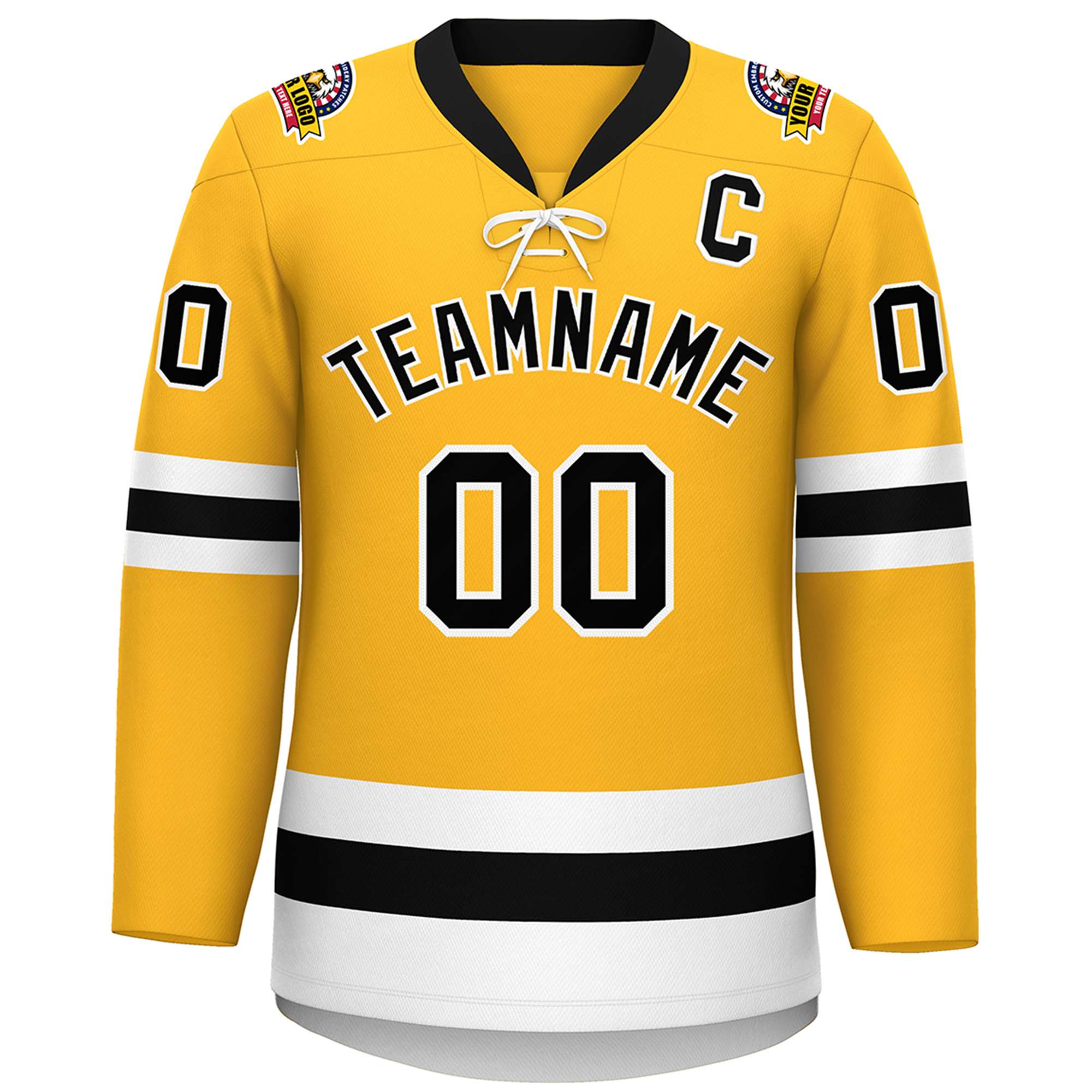 Custom Gold Black-White Lace-Up Neck Hockey Jersey