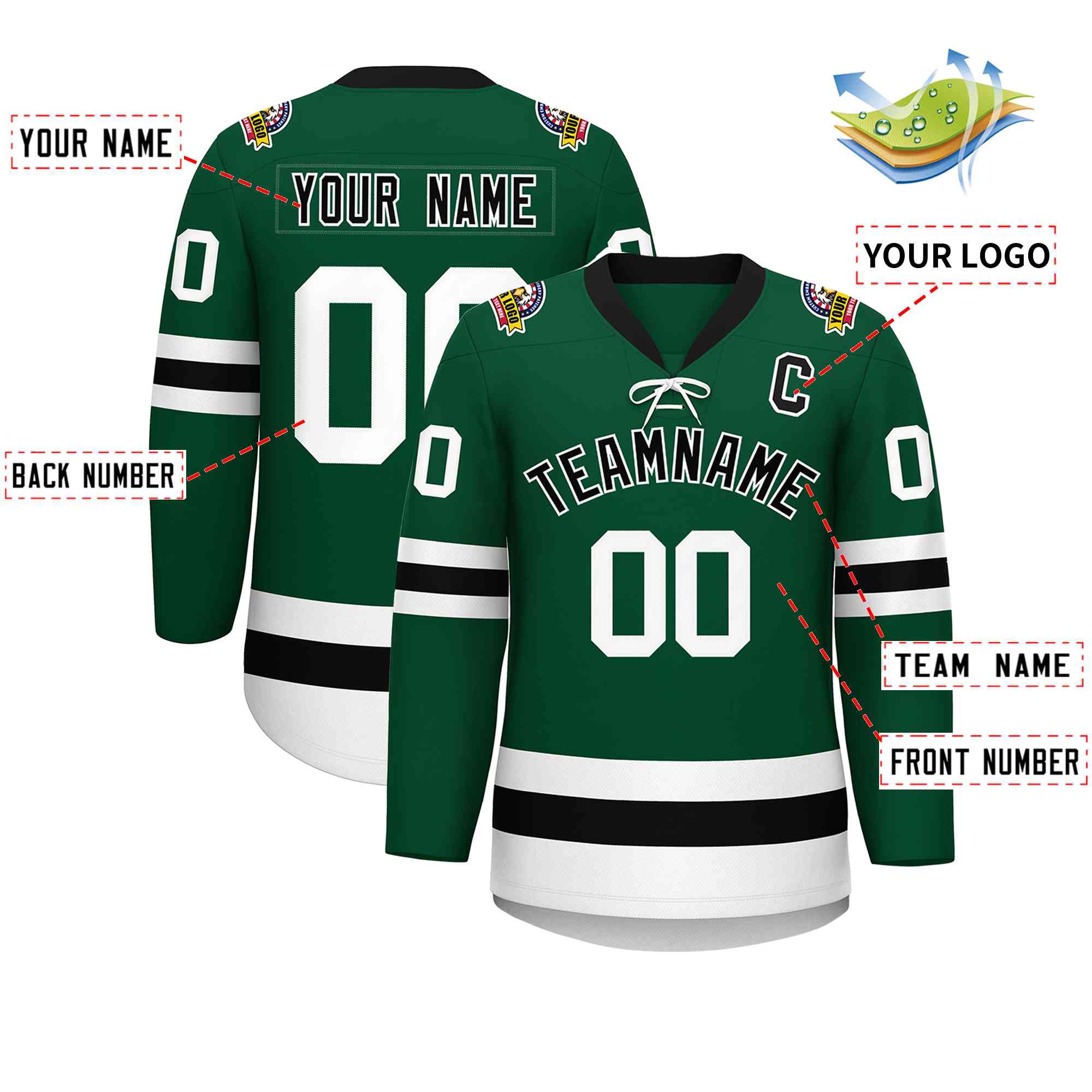 Custom Green Black-White Lace-Up Neck Hockey Jersey