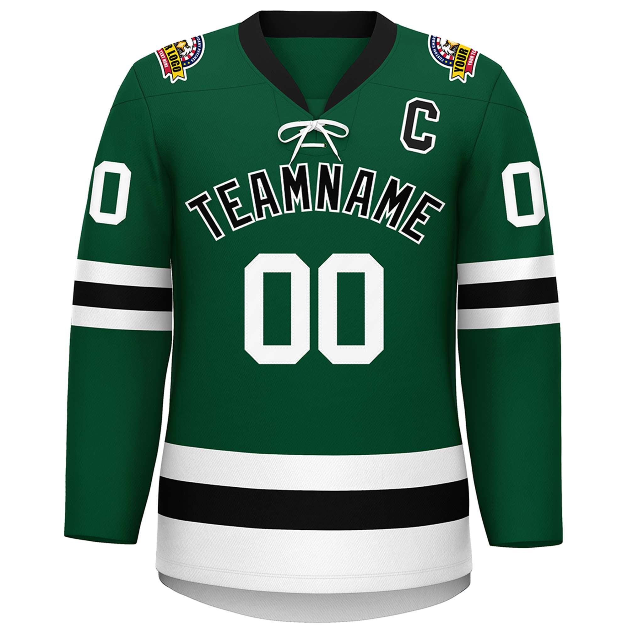 Custom Green Black-White Lace-Up Neck Hockey Jersey