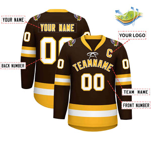 Custom Brown Gold-White Lace-Up Neck Hockey Jersey