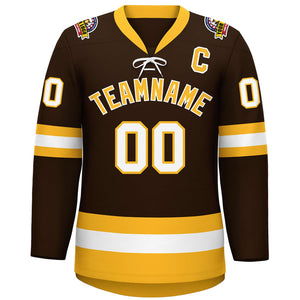 Custom Brown Gold-White Lace-Up Neck Hockey Jersey