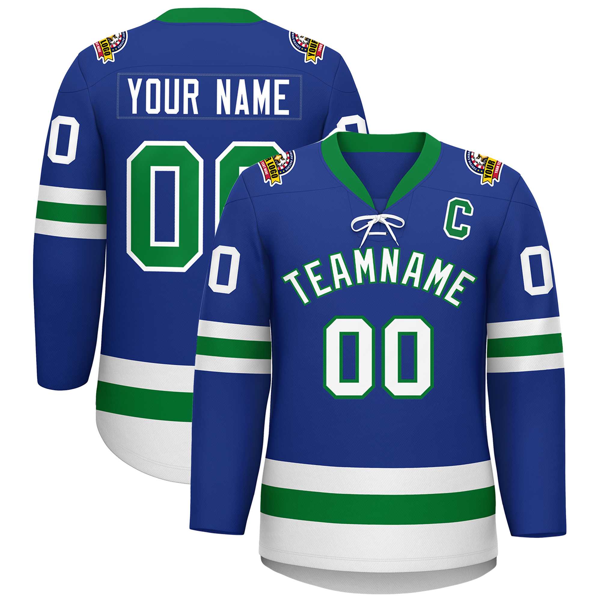 Custom Royal Kelly Green-White Lace-Up Neck Hockey Jersey