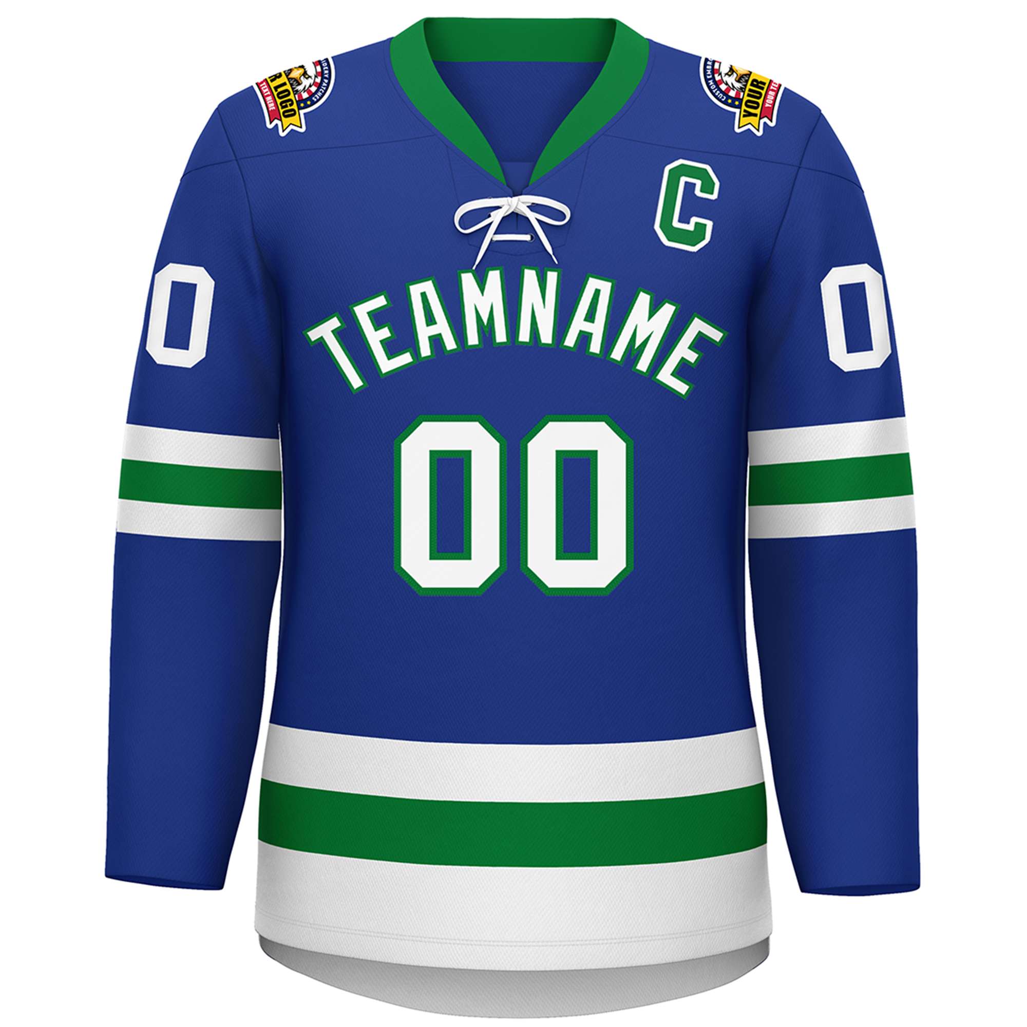 Custom Royal Kelly Green-White Lace-Up Neck Hockey Jersey