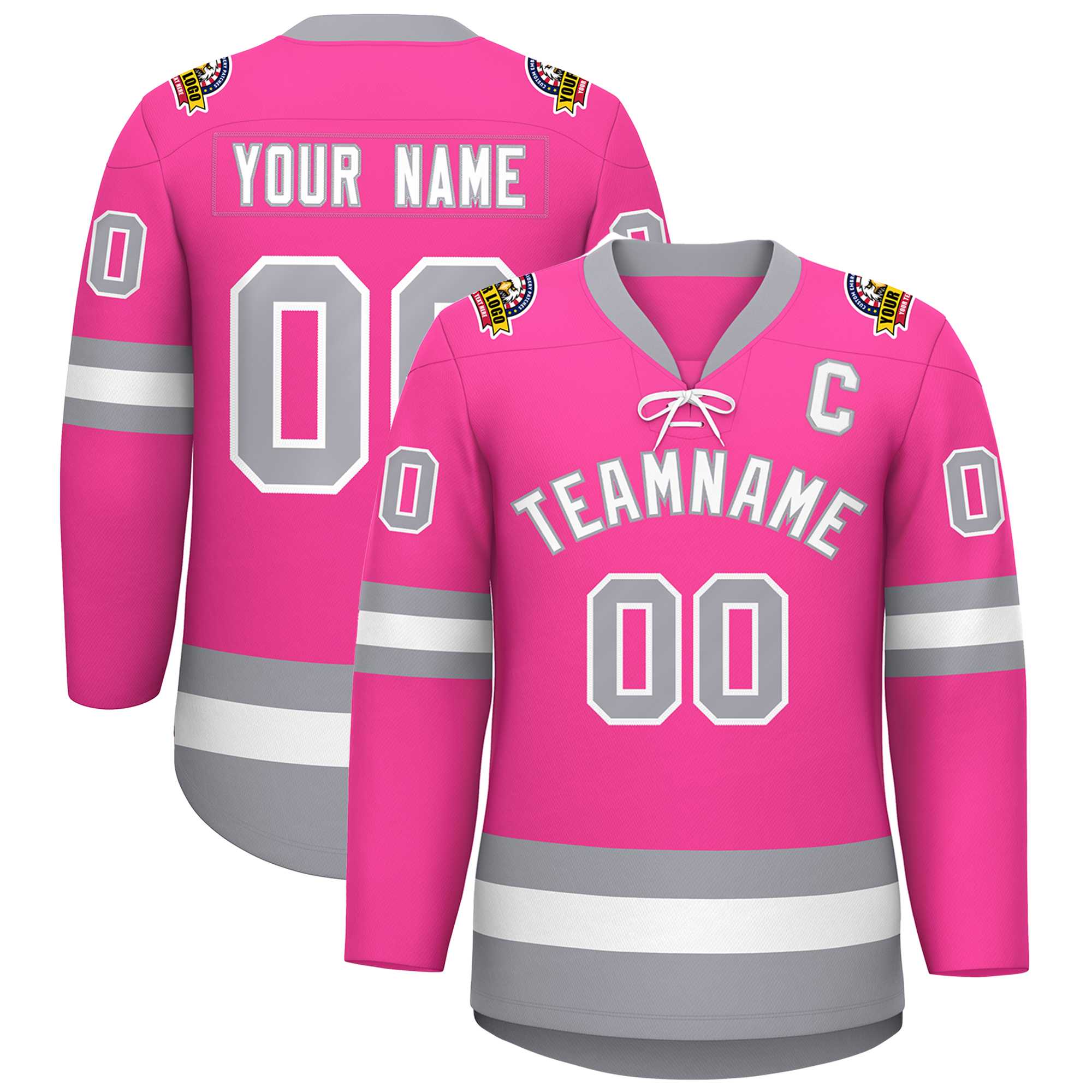 Custom Pink White-Gray Lace-Up Neck Hockey Jersey