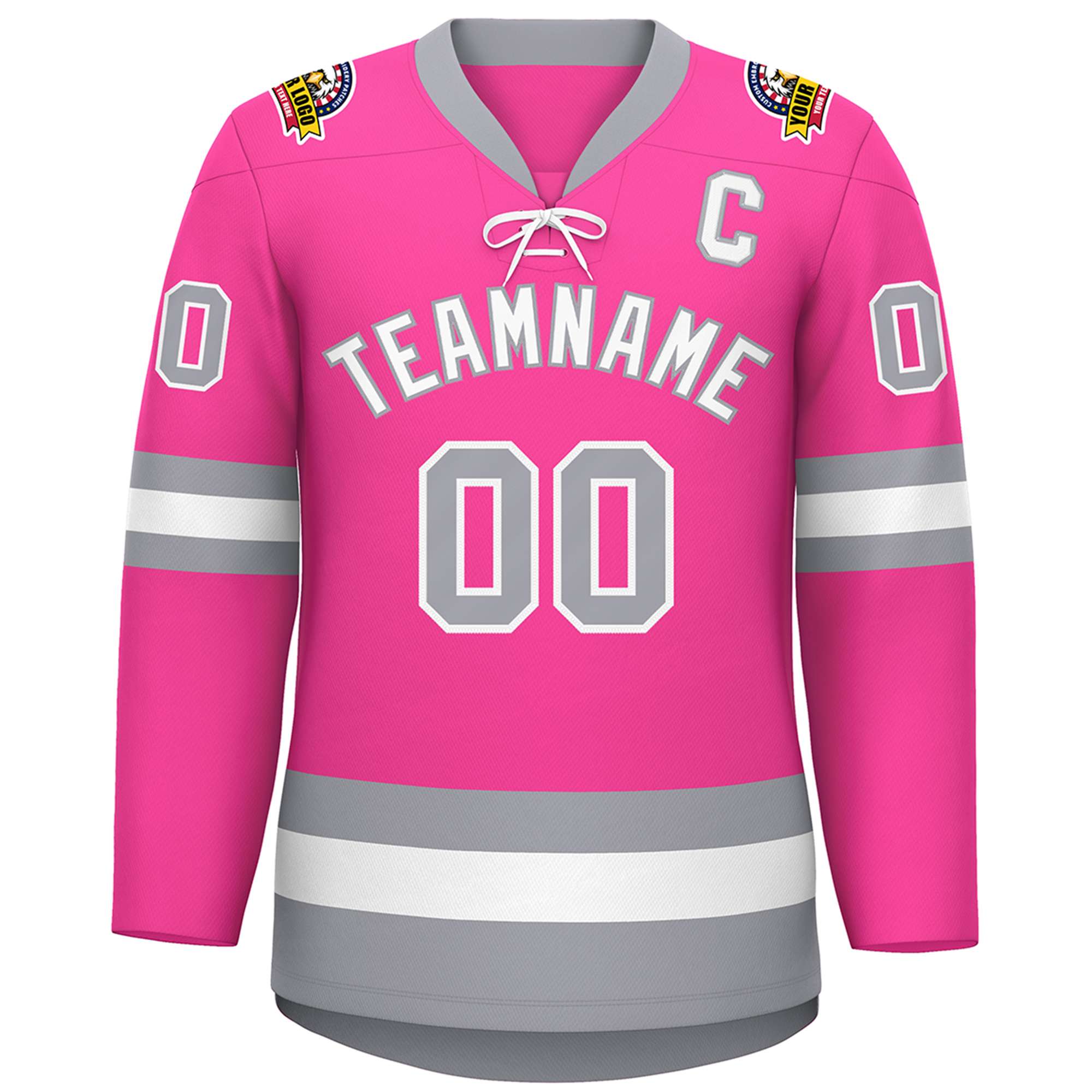 Custom Pink White-Gray Lace-Up Neck Hockey Jersey