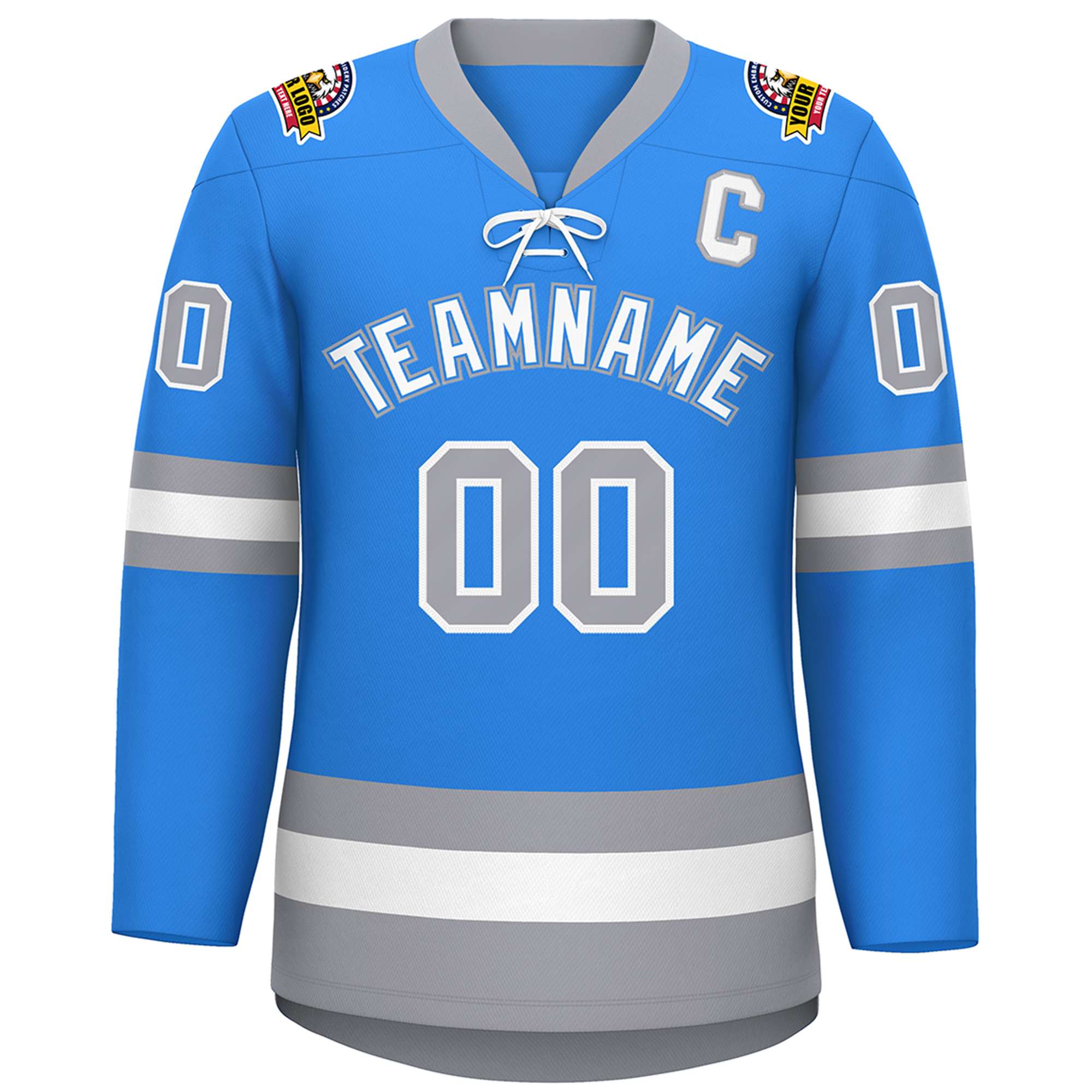 Custom Powder Blue White-Gray Lace-Up Neck Hockey Jersey