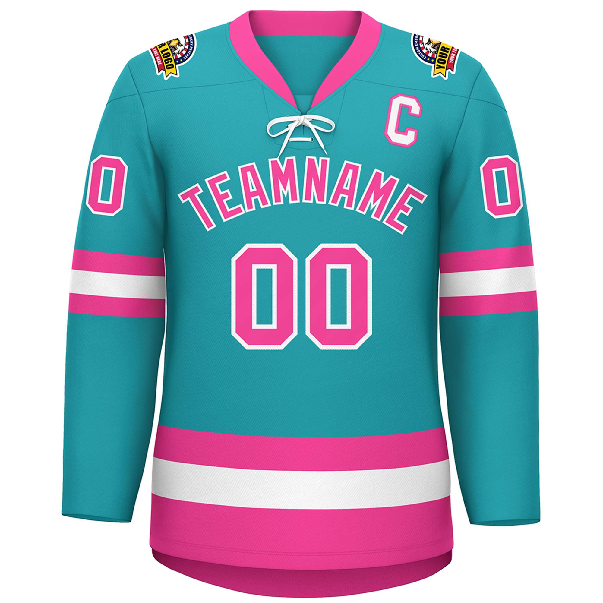 Custom Aqua Pink-White Lace-Up Neck Hockey Jersey