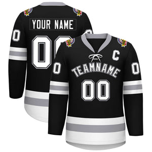 Custom Black White-Gray Lace-Up Neck Hockey Jersey