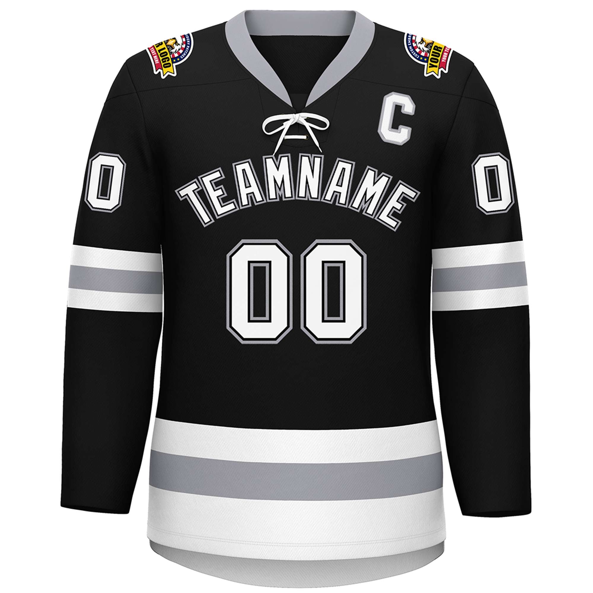 Custom Black White-Gray Lace-Up Neck Hockey Jersey