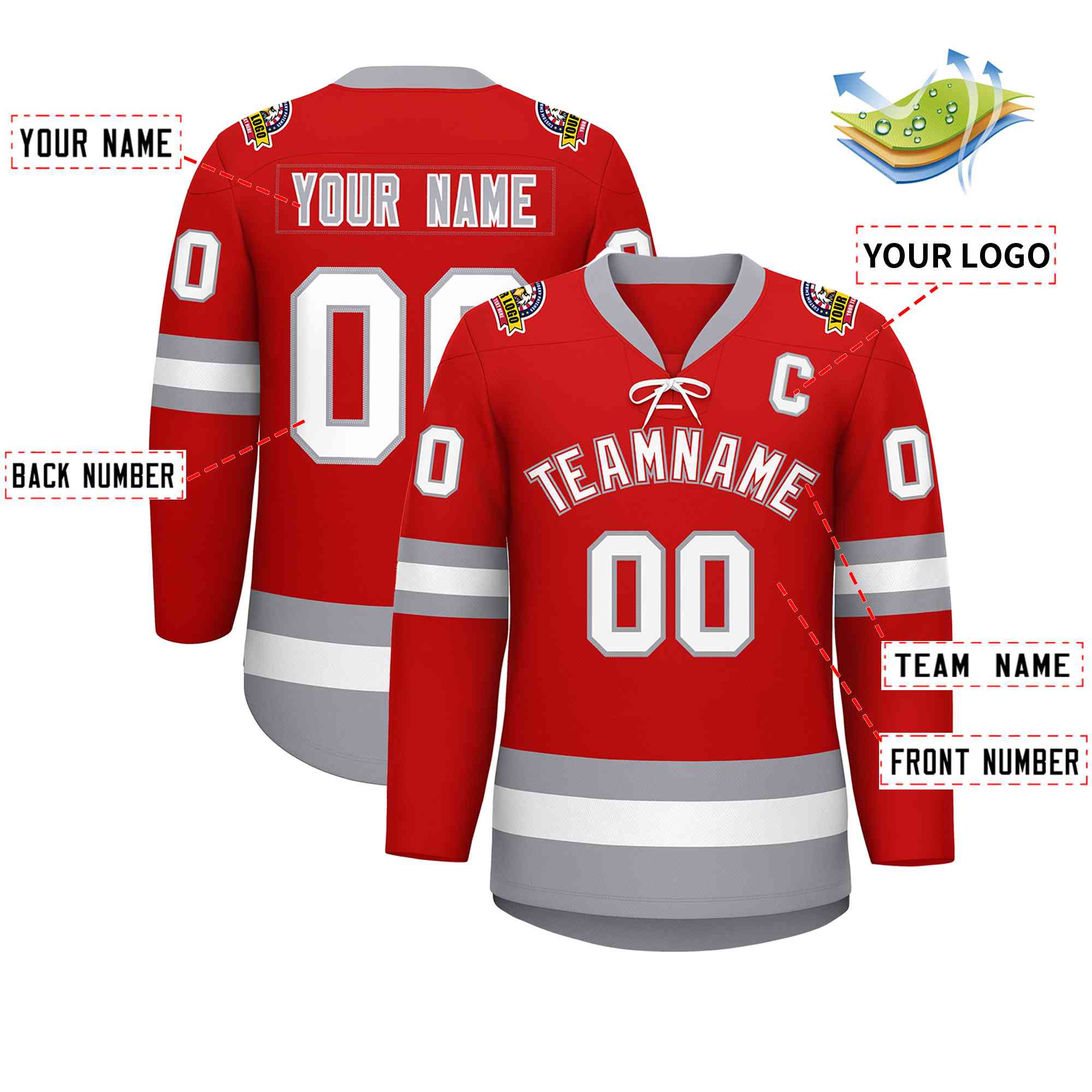 Custom Red White-Gray Lace-Up Neck Hockey Jersey