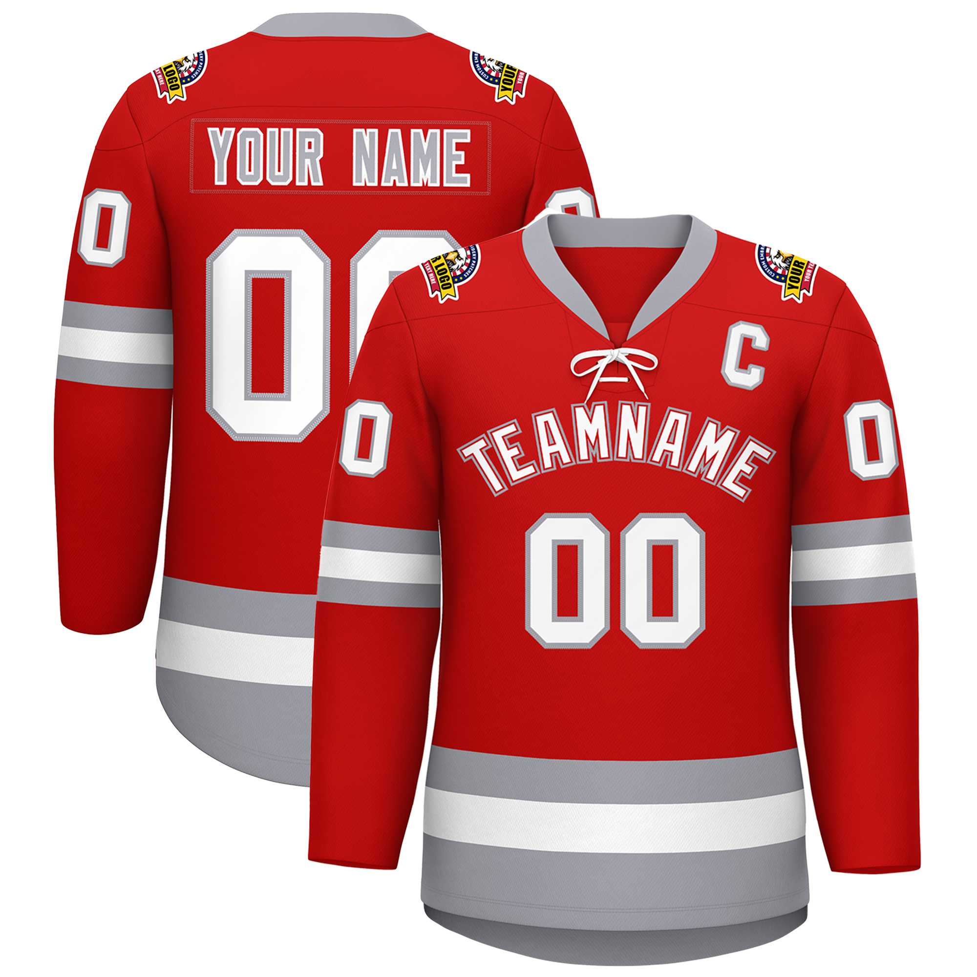 Custom Red White-Gray Lace-Up Neck Hockey Jersey