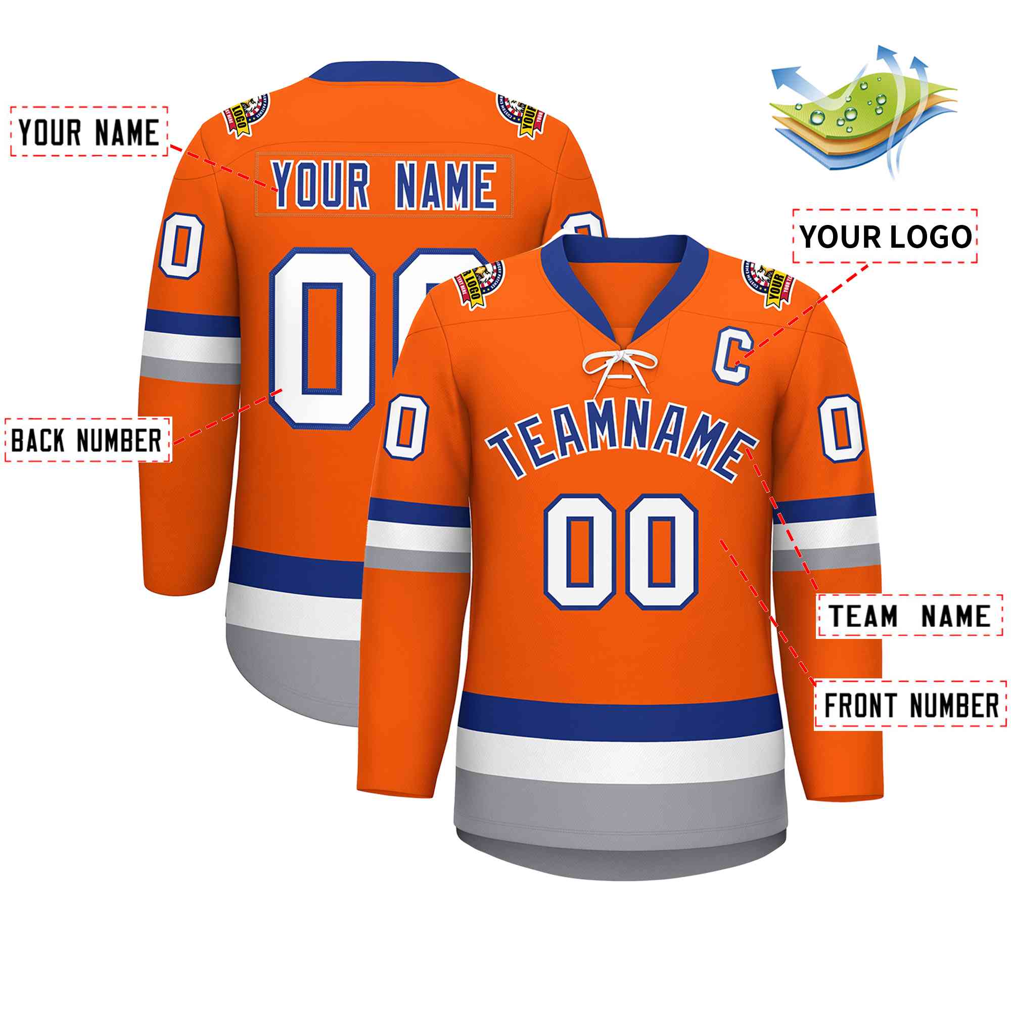 Custom Orange Royal-White Lace-Up Neck Hockey Jersey