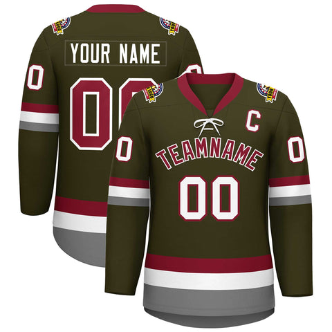 Custom Olive Crimson-White Lace-Up Neck Hockey Jersey