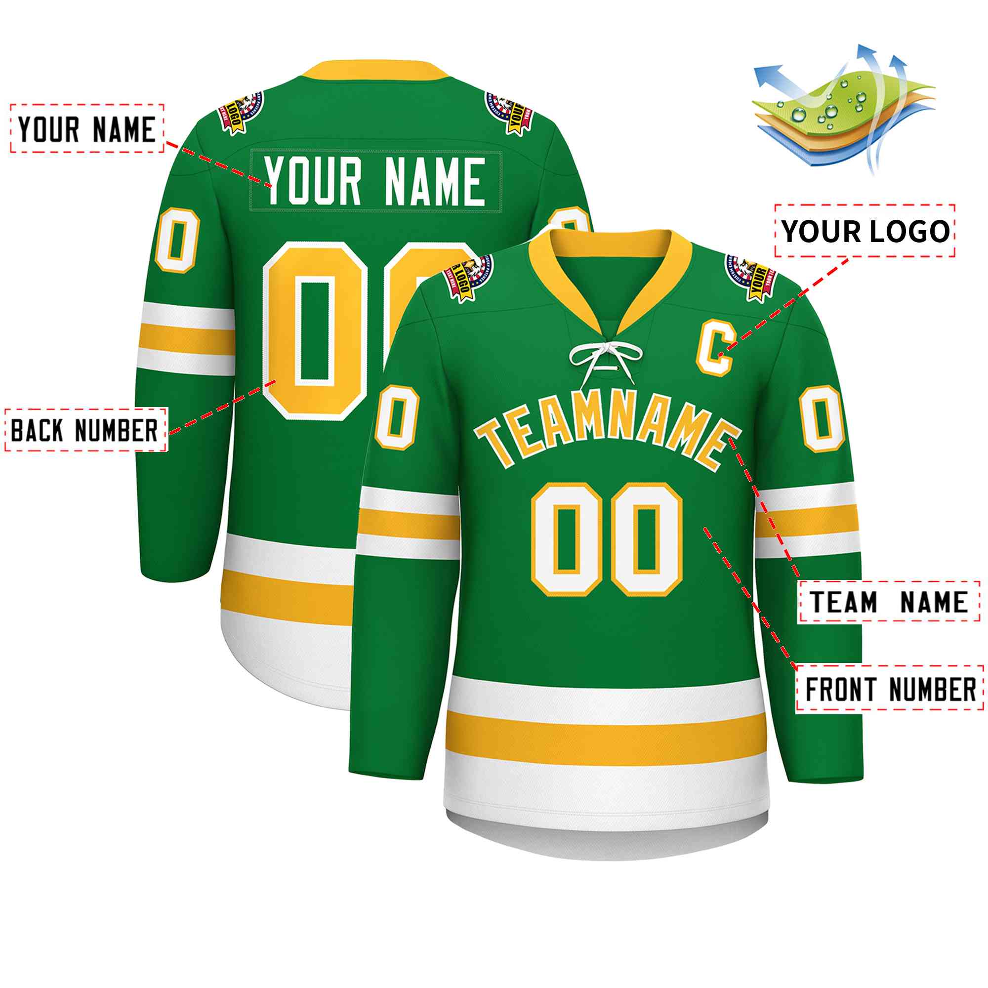 Custom Kelly Green Gold-White Lace-Up Neck Hockey Jersey