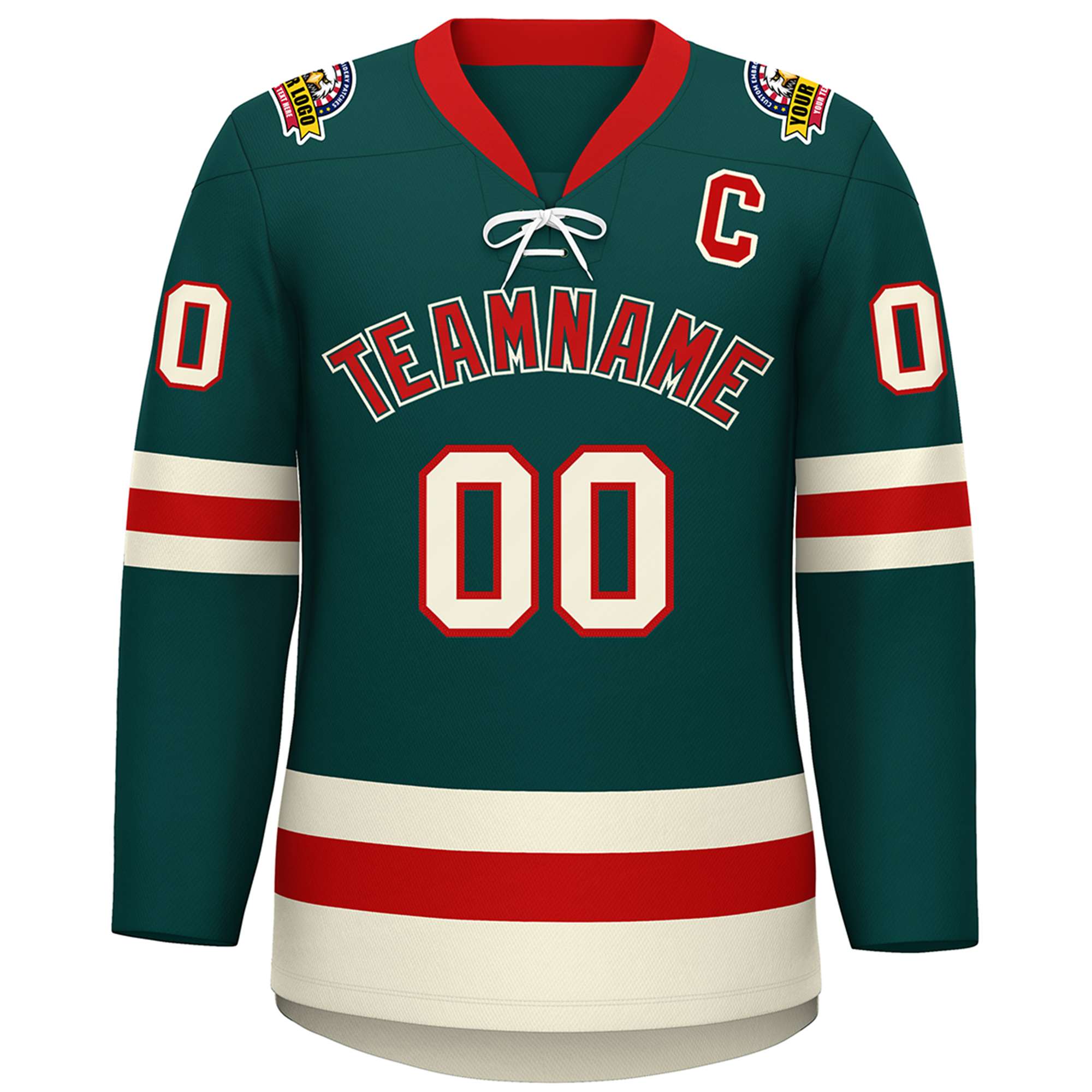 Custom Midnight Green Red-Cream Lace-Up Neck Hockey Jersey