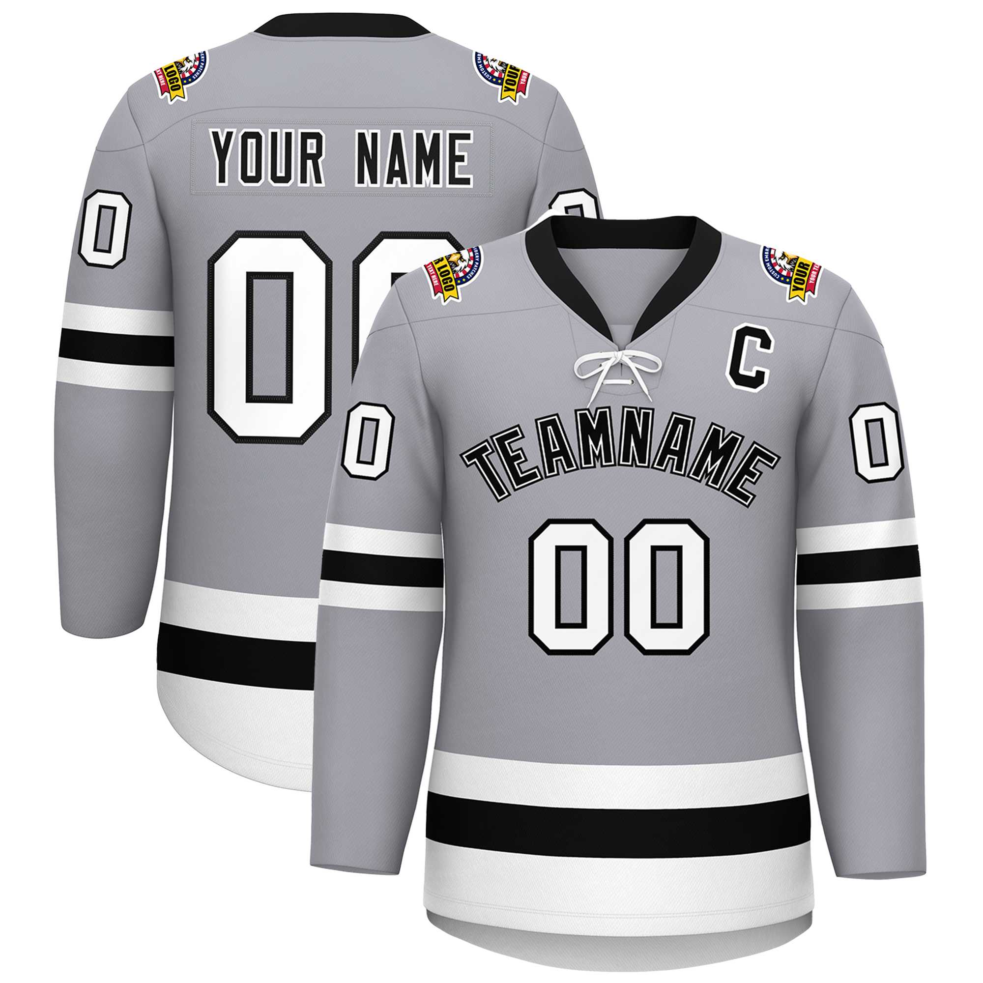 Custom Gray Black-White Lace-Up Neck Hockey Jersey