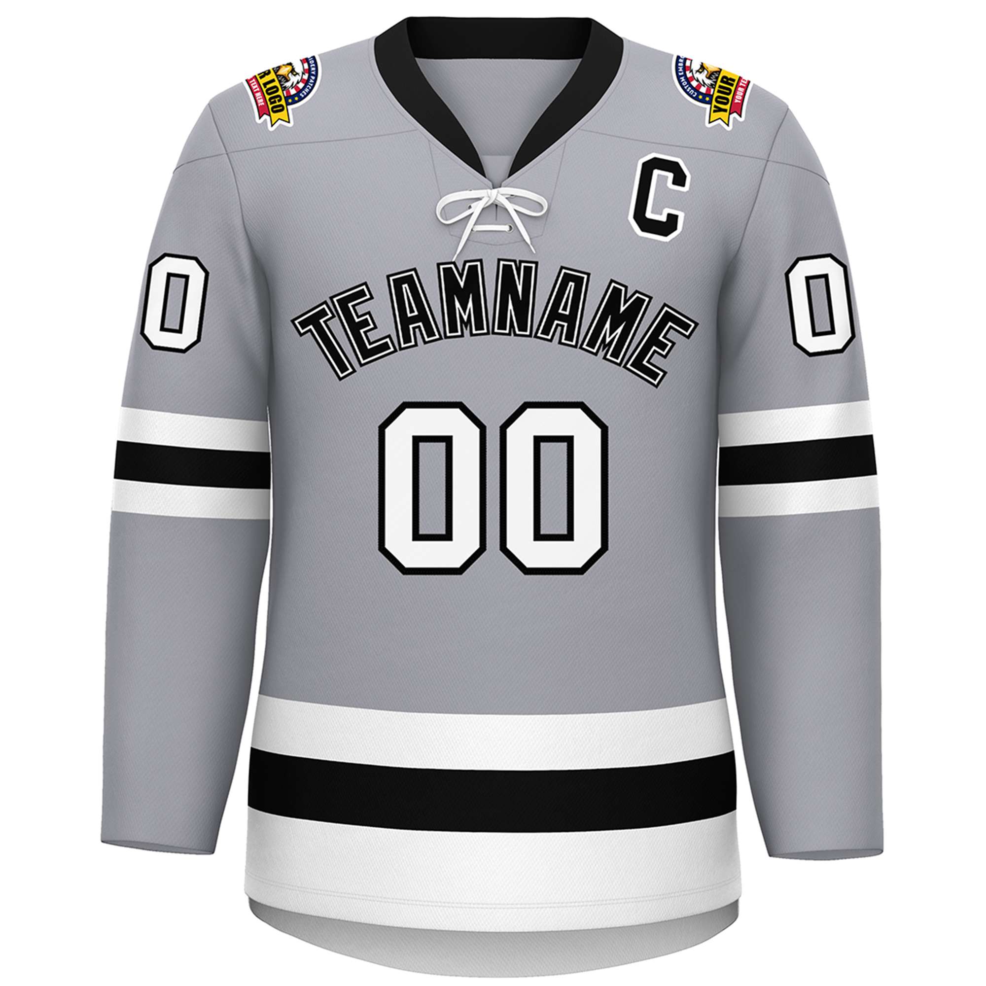 Custom Gray Black-White Lace-Up Neck Hockey Jersey