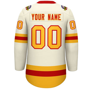 Custom Cream Red-Gold Lace-Up Neck Hockey Jersey