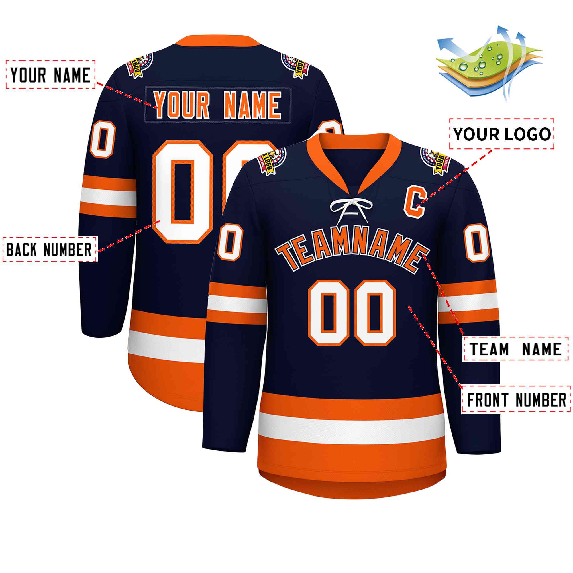 Custom Navy Orange-White Lace-Up Neck Hockey Jersey