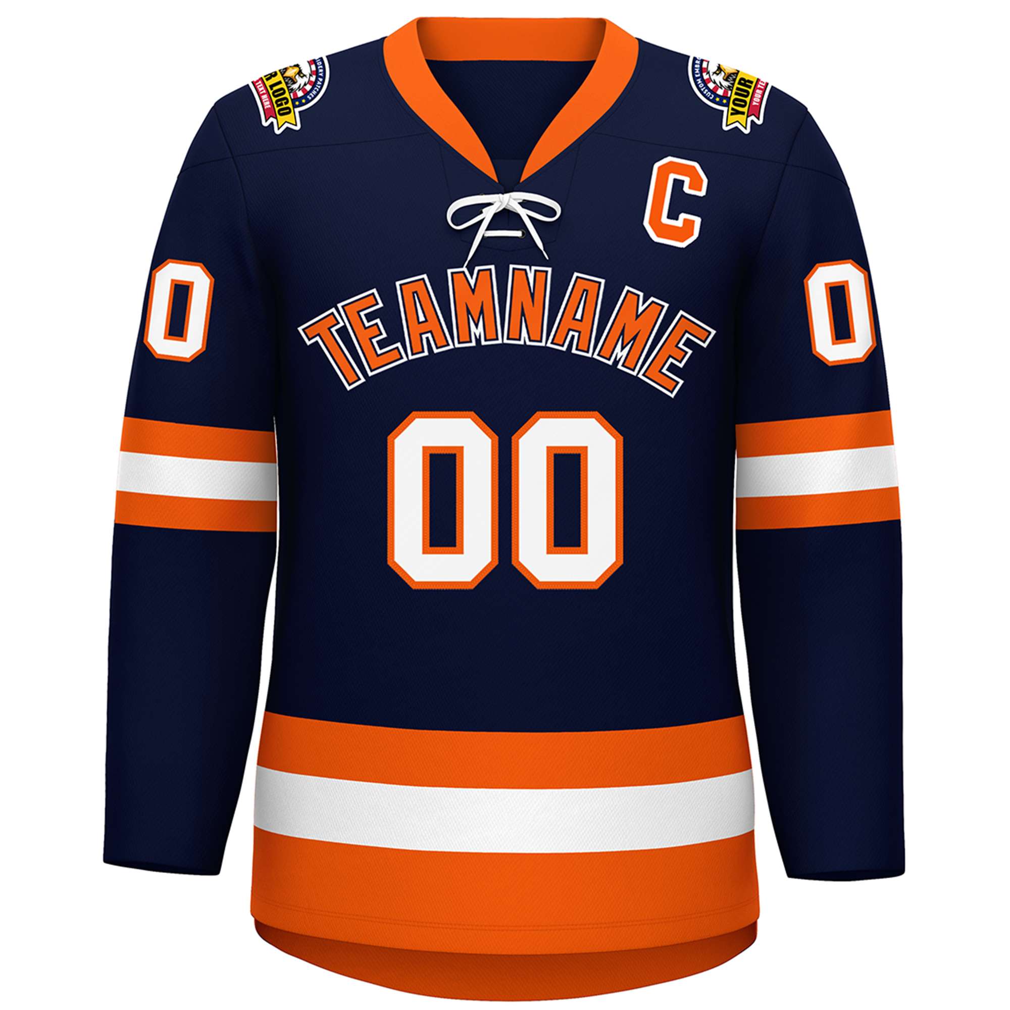 Custom Navy Orange-White Lace-Up Neck Hockey Jersey