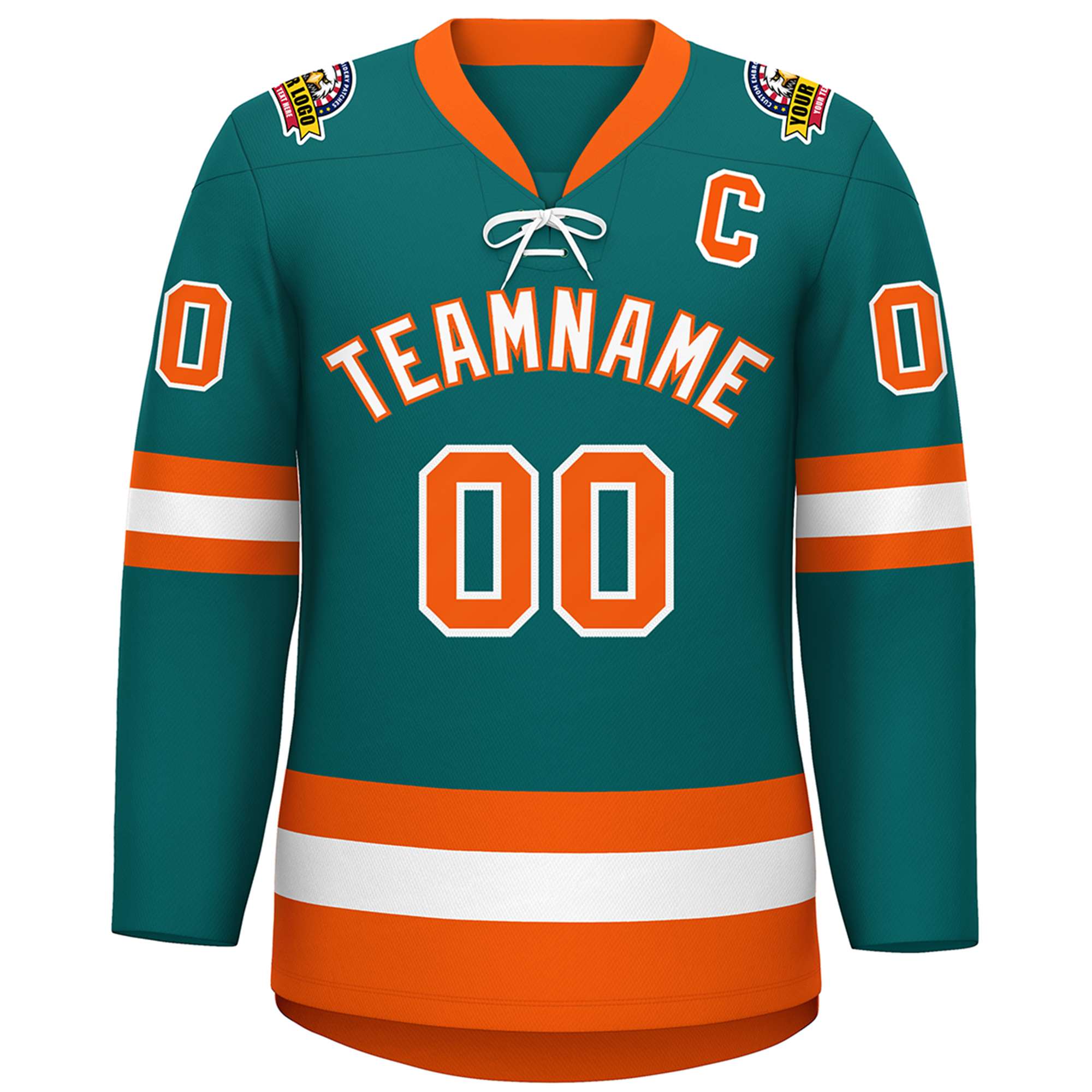 Custom Aqua White-Orange Lace-Up Neck Hockey Jersey