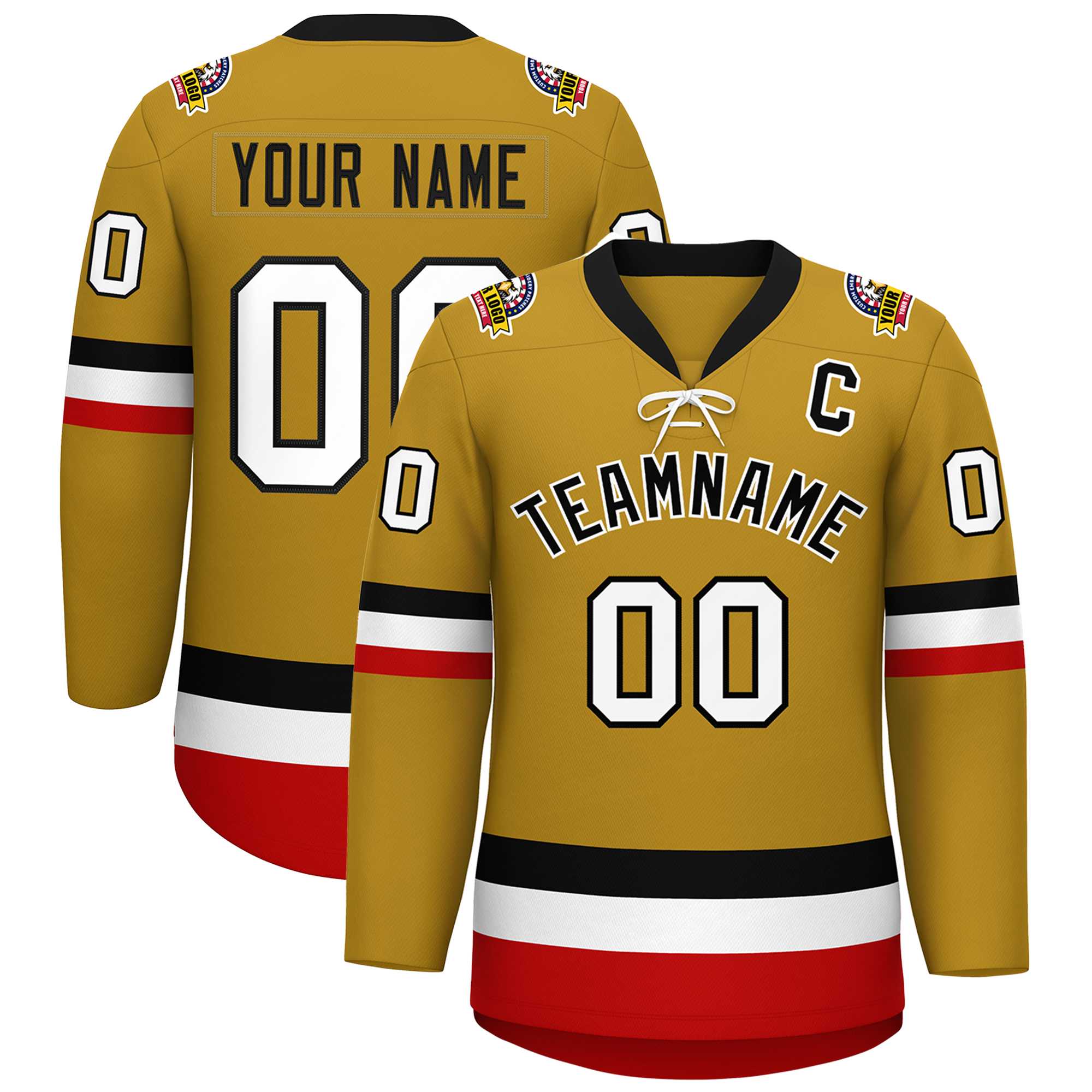 Custom Old Gold Black-White Lace-Up Neck Hockey Jersey