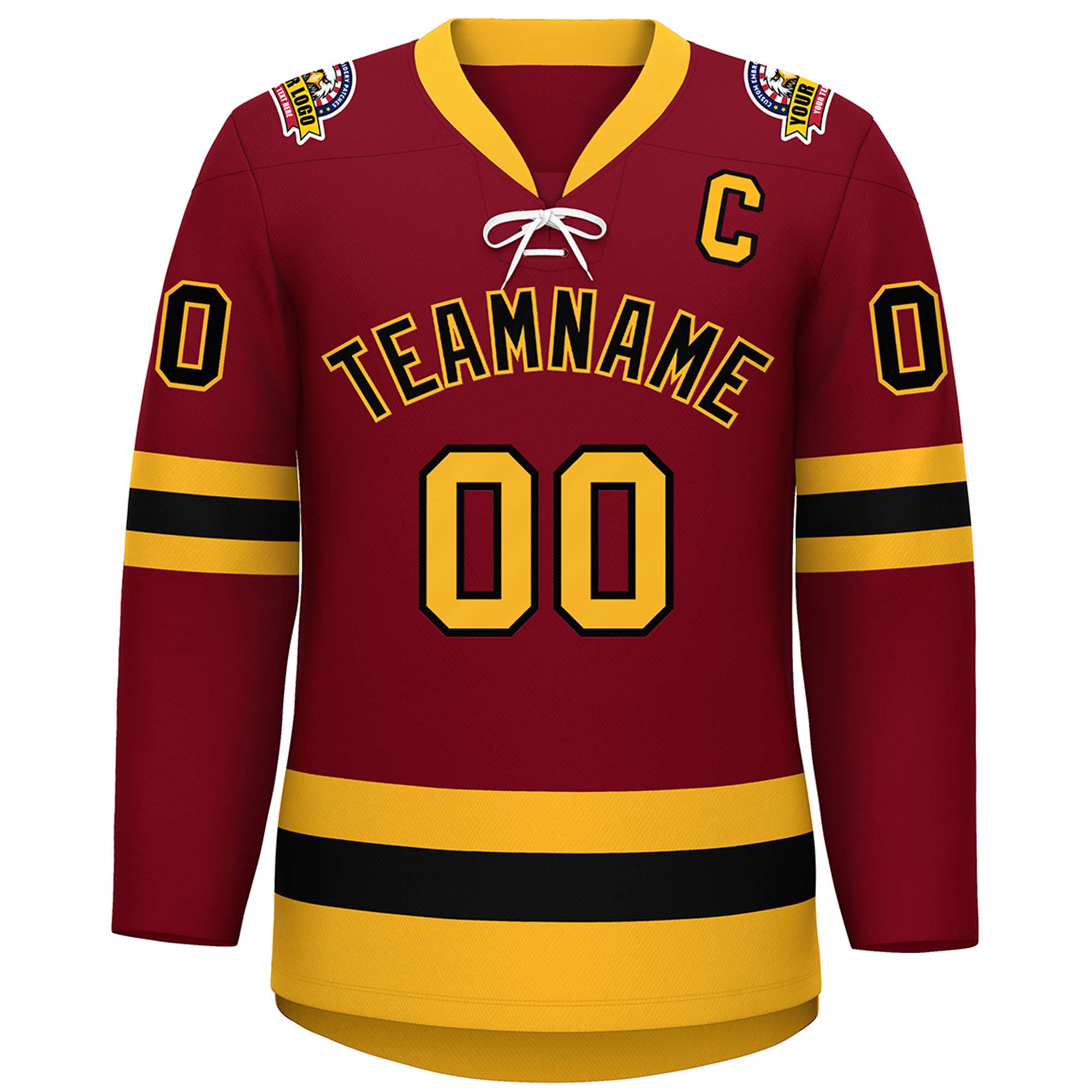 Custom Crimson Black-Gold Lace-Up Neck Hockey Jersey