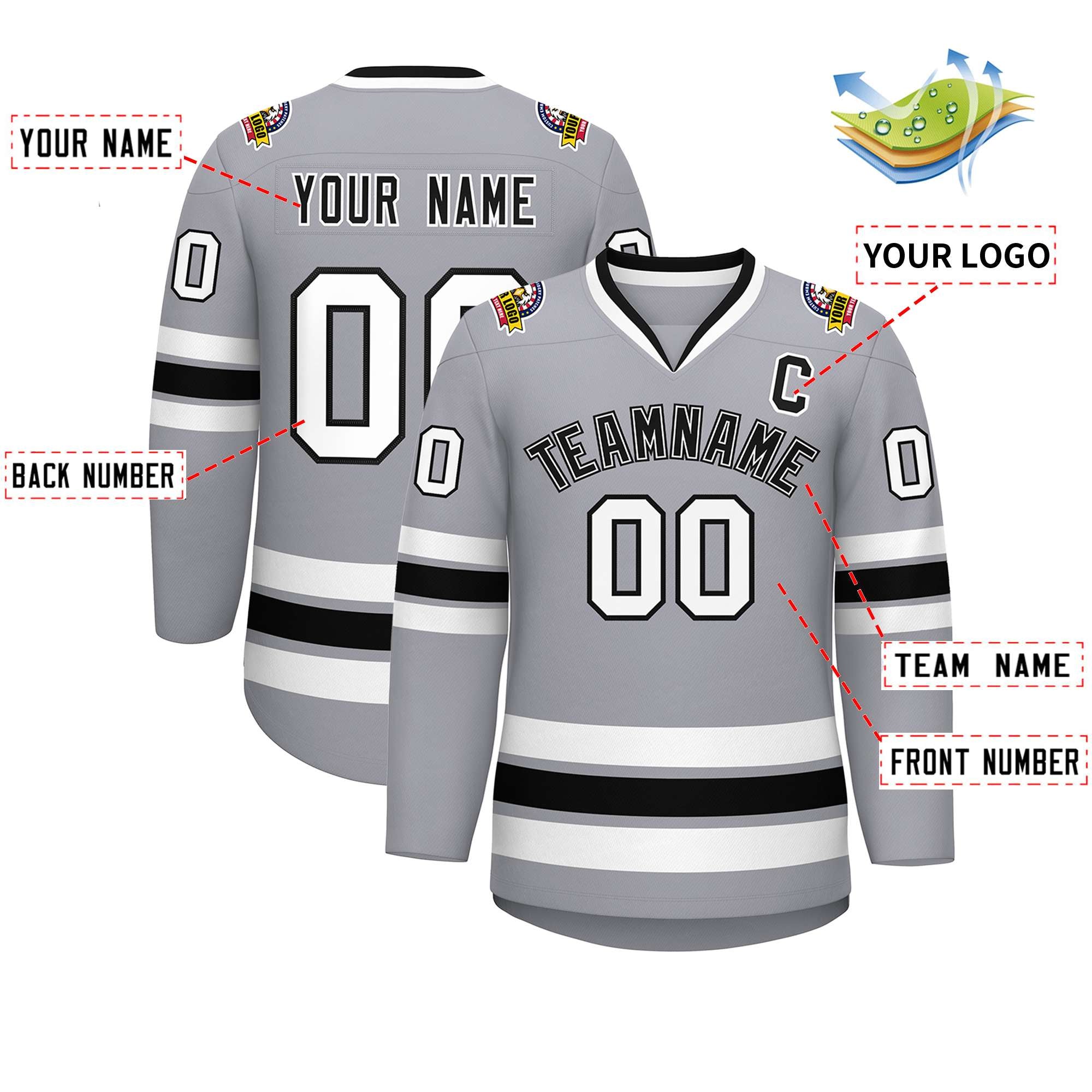 Maillot de hockey de style classique personnalisé gris noir blanc-noir