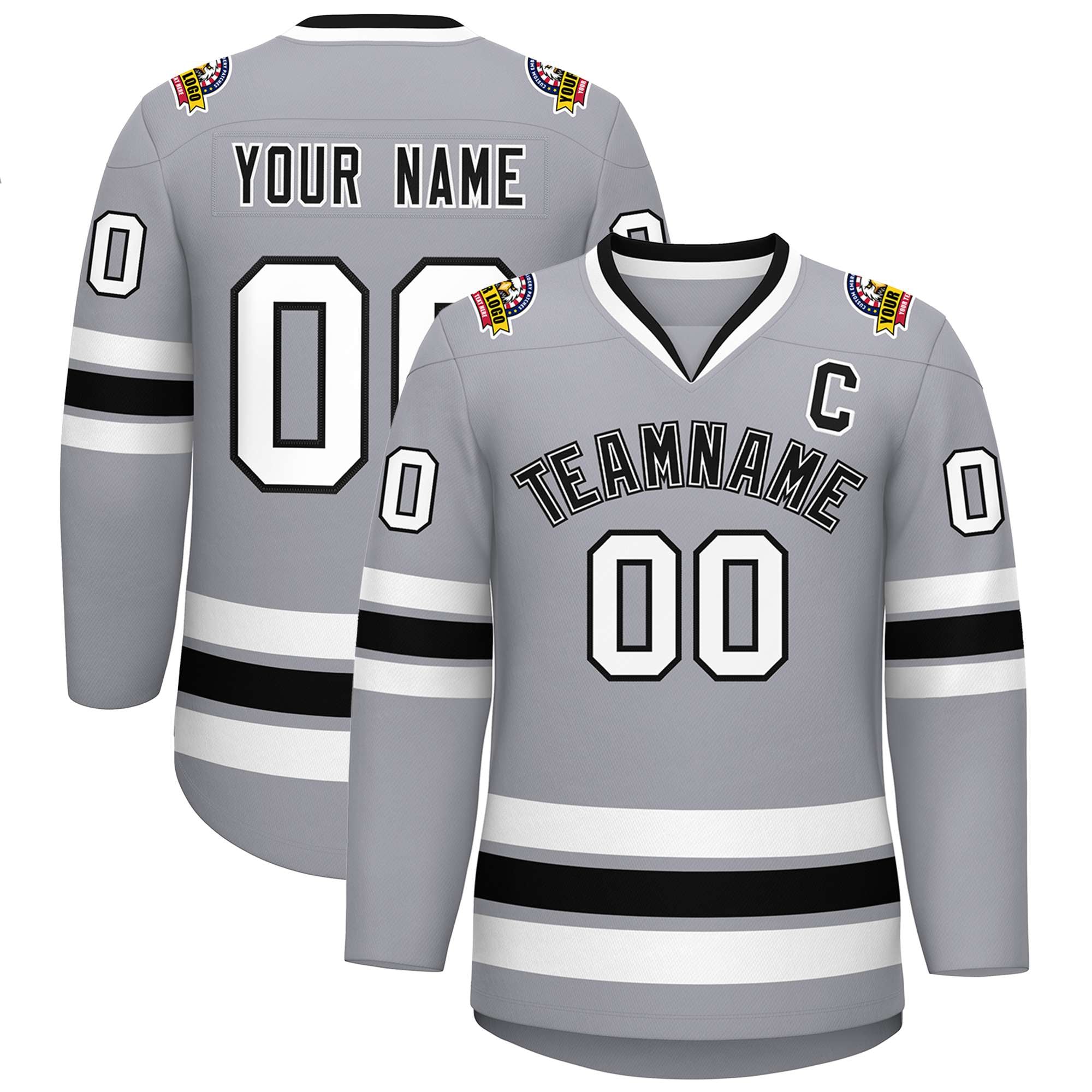 Custom Gray Black White-Black Classic Style Hockey Jersey