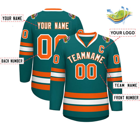 Custom Teal White-Orange Classic Style Hockey Jersey
