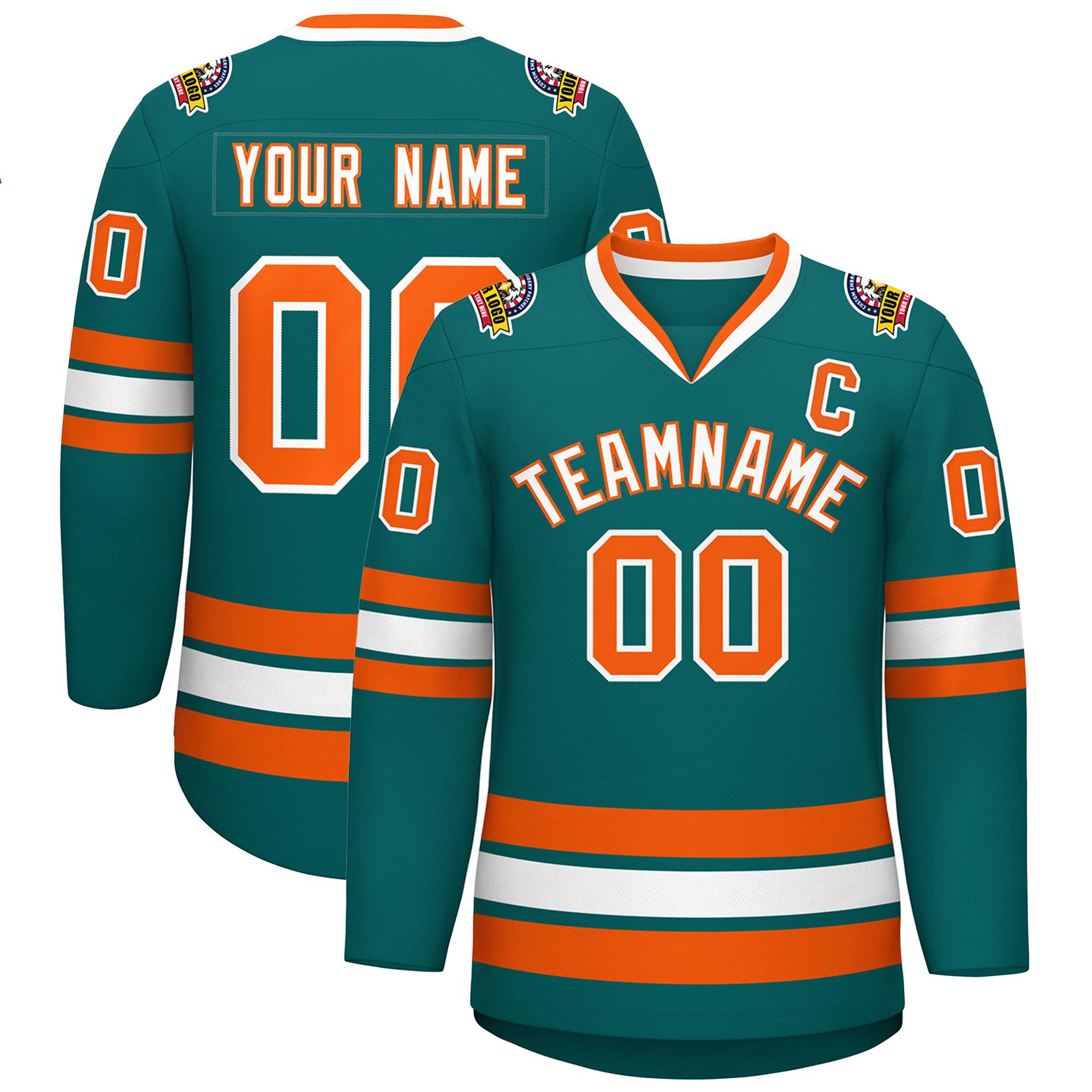 Custom Teal White-Orange Classic Style Hockey Jersey