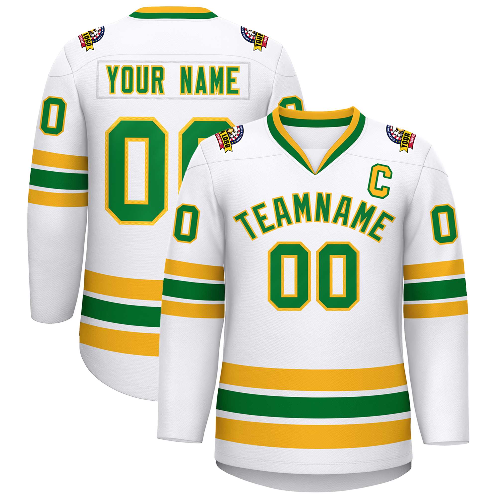 Custom White Kelly Green-Gold Classic Style Hockey Jersey