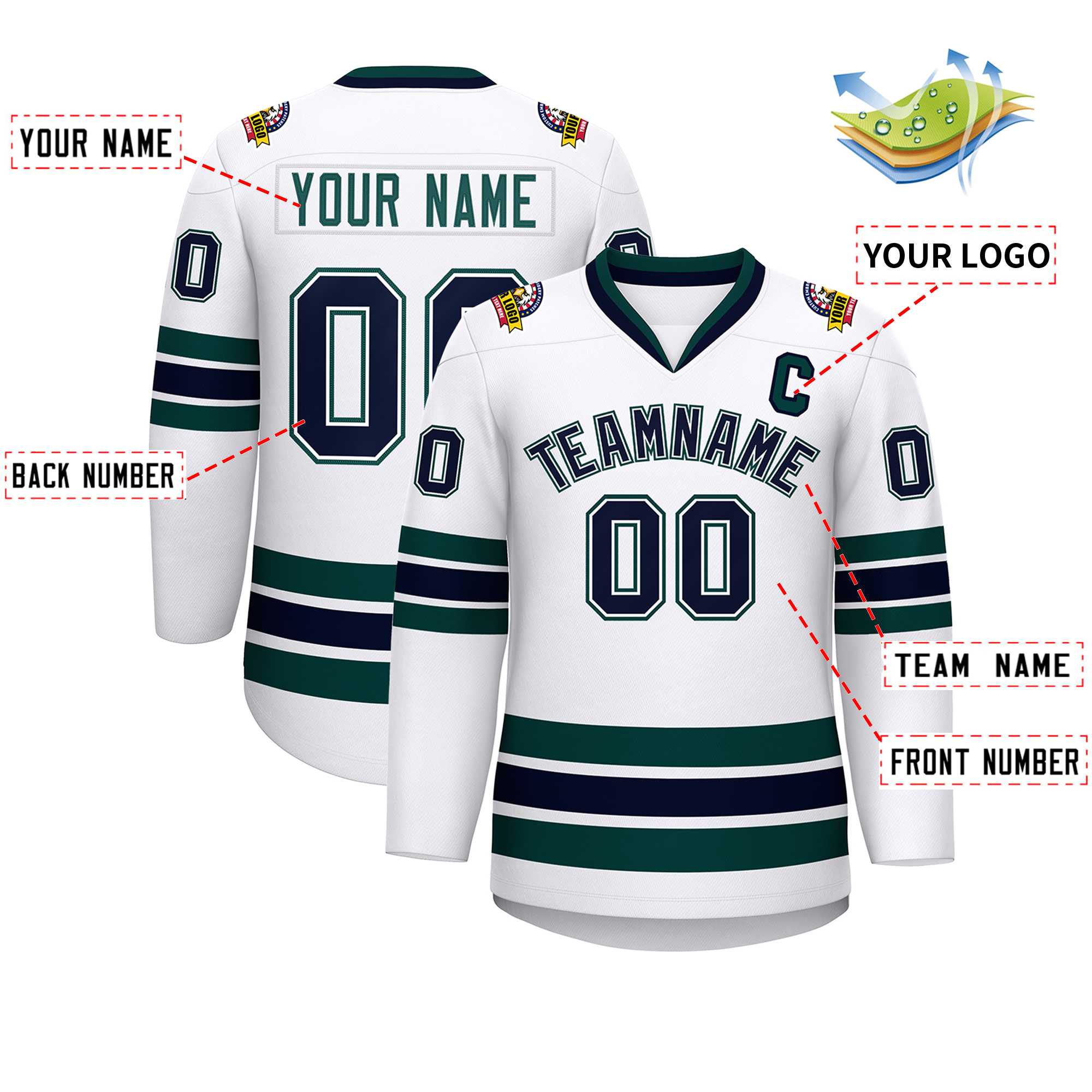 Maillot de hockey de style classique blanc marine blanc-vert minuit personnalisé