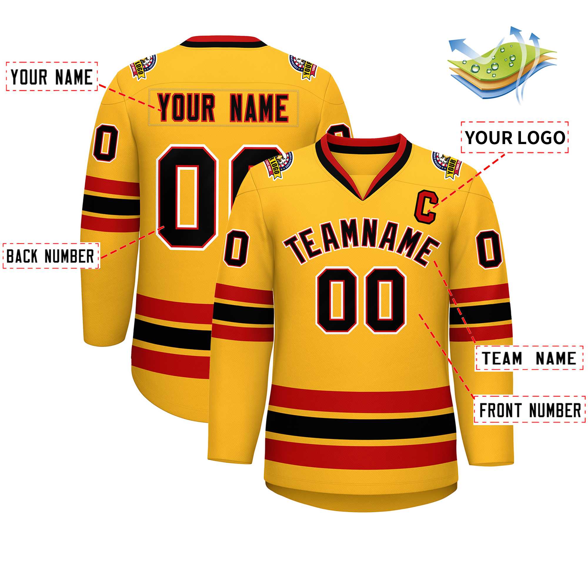 Custom Gold Black Red-White Classic Style Hockey Jersey