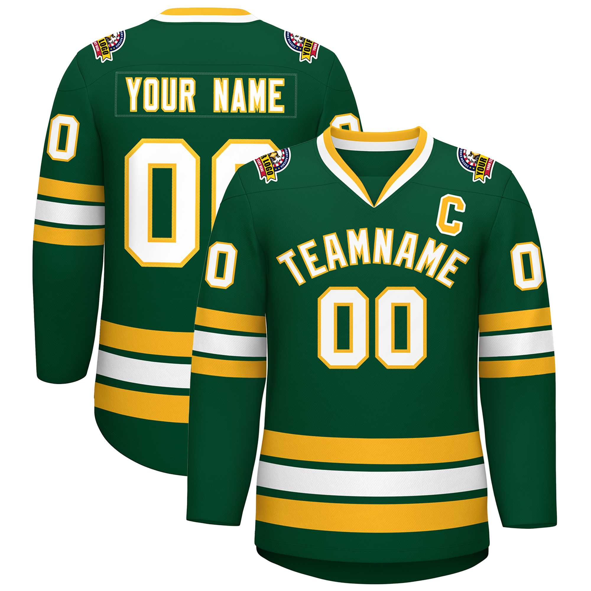 Custom Green White-Gold Classic Style Hockey Jersey