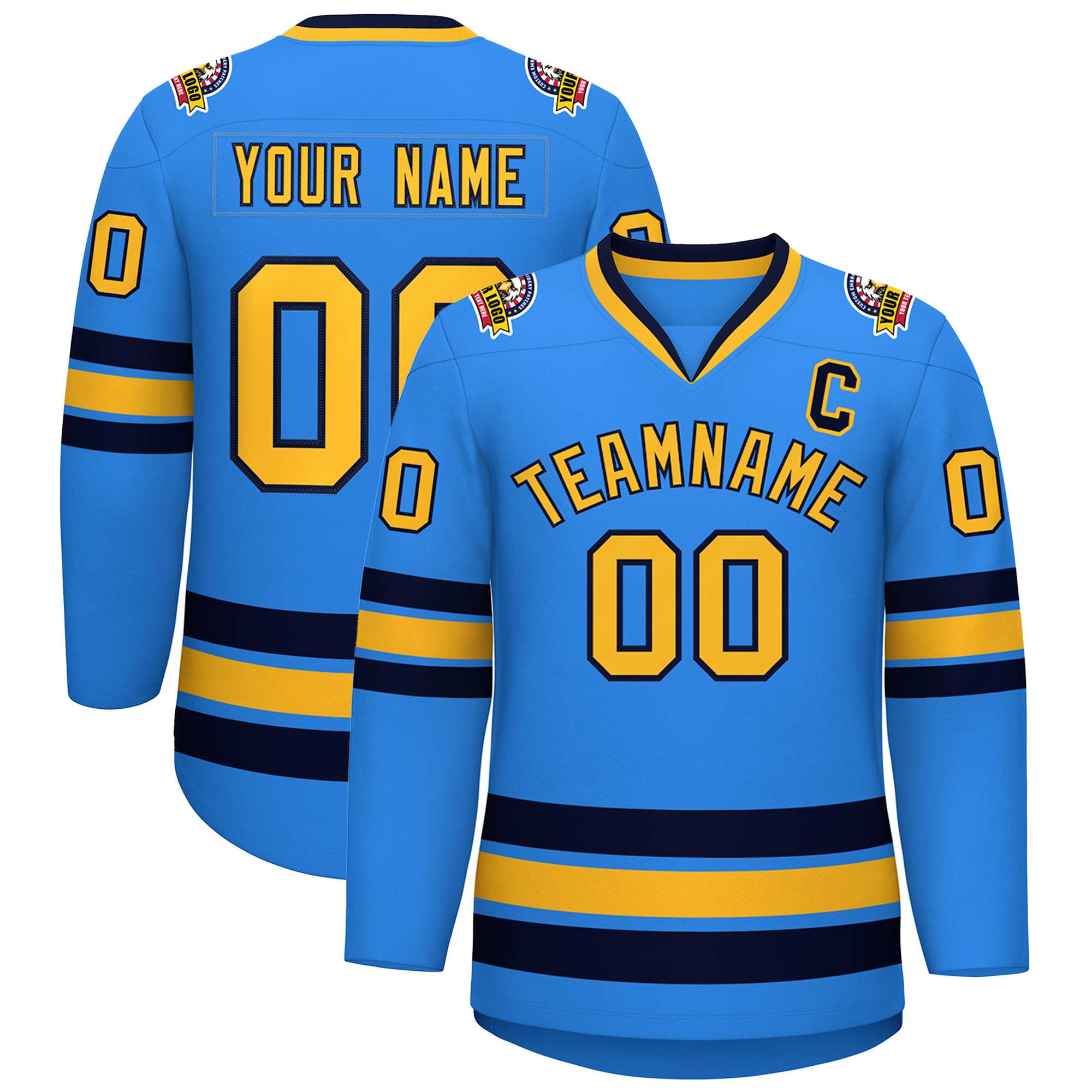 Custom Powder Blue Gold-Navy Classic Style Hockey Jersey