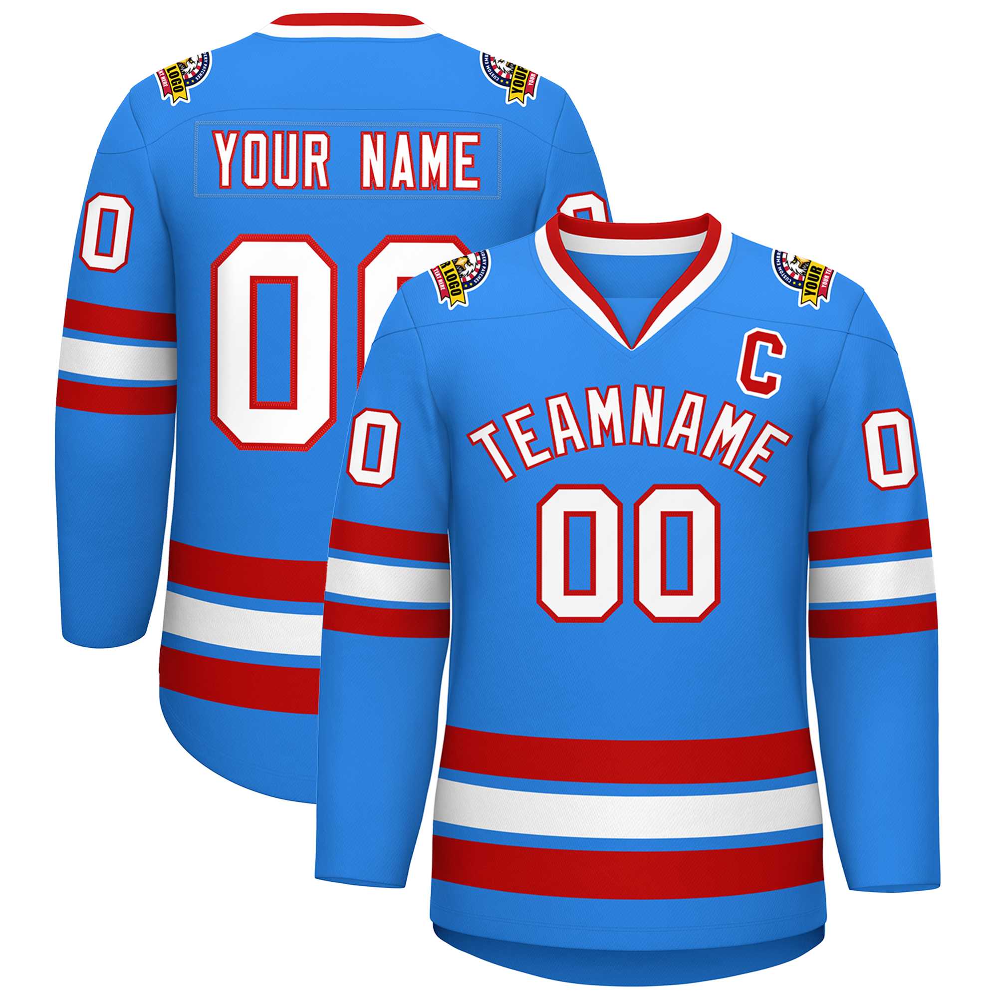 Custom Powder Blue White-Red Classic Style Hockey Jersey