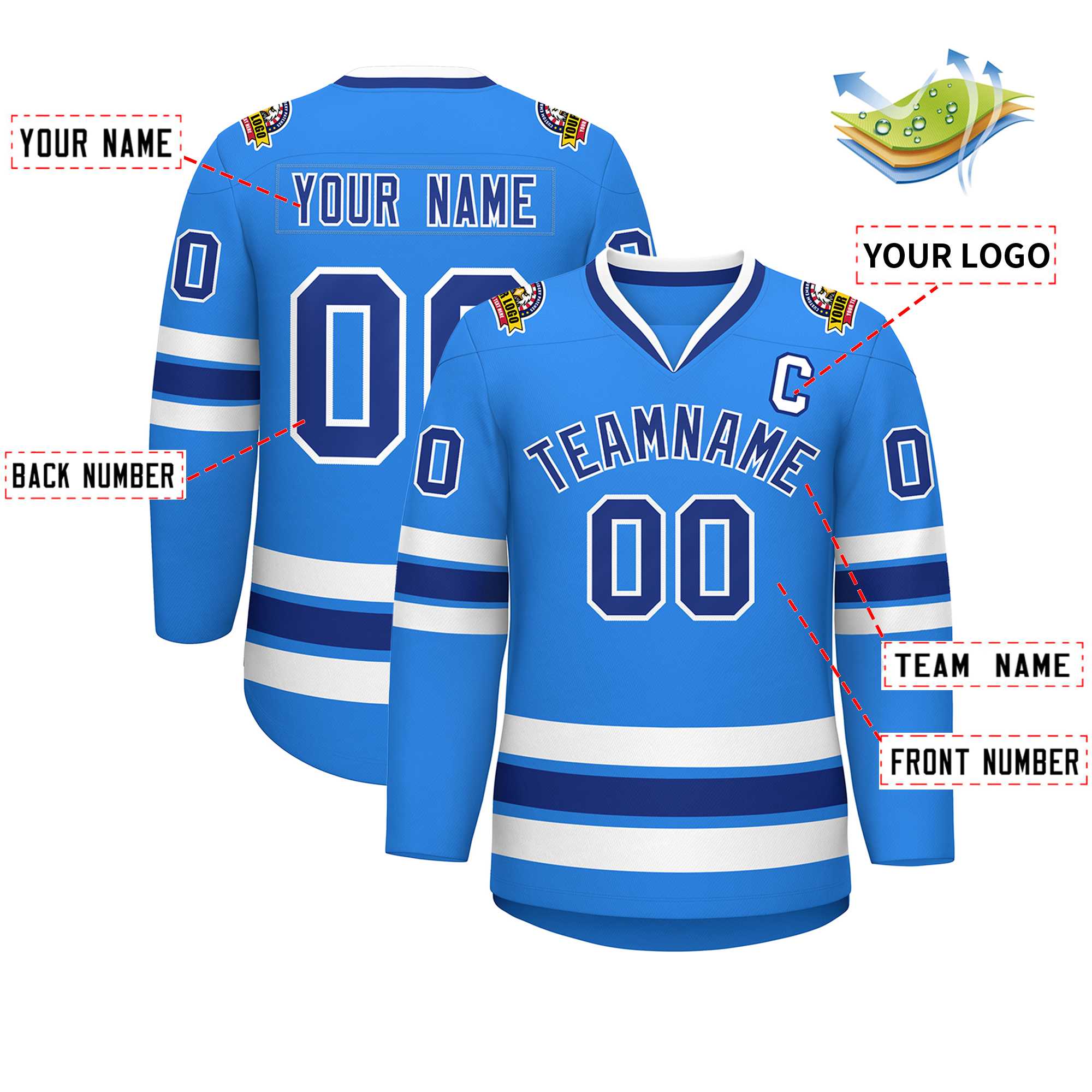 Custom Powder Blue Royal-White Classic Style Hockey Jersey