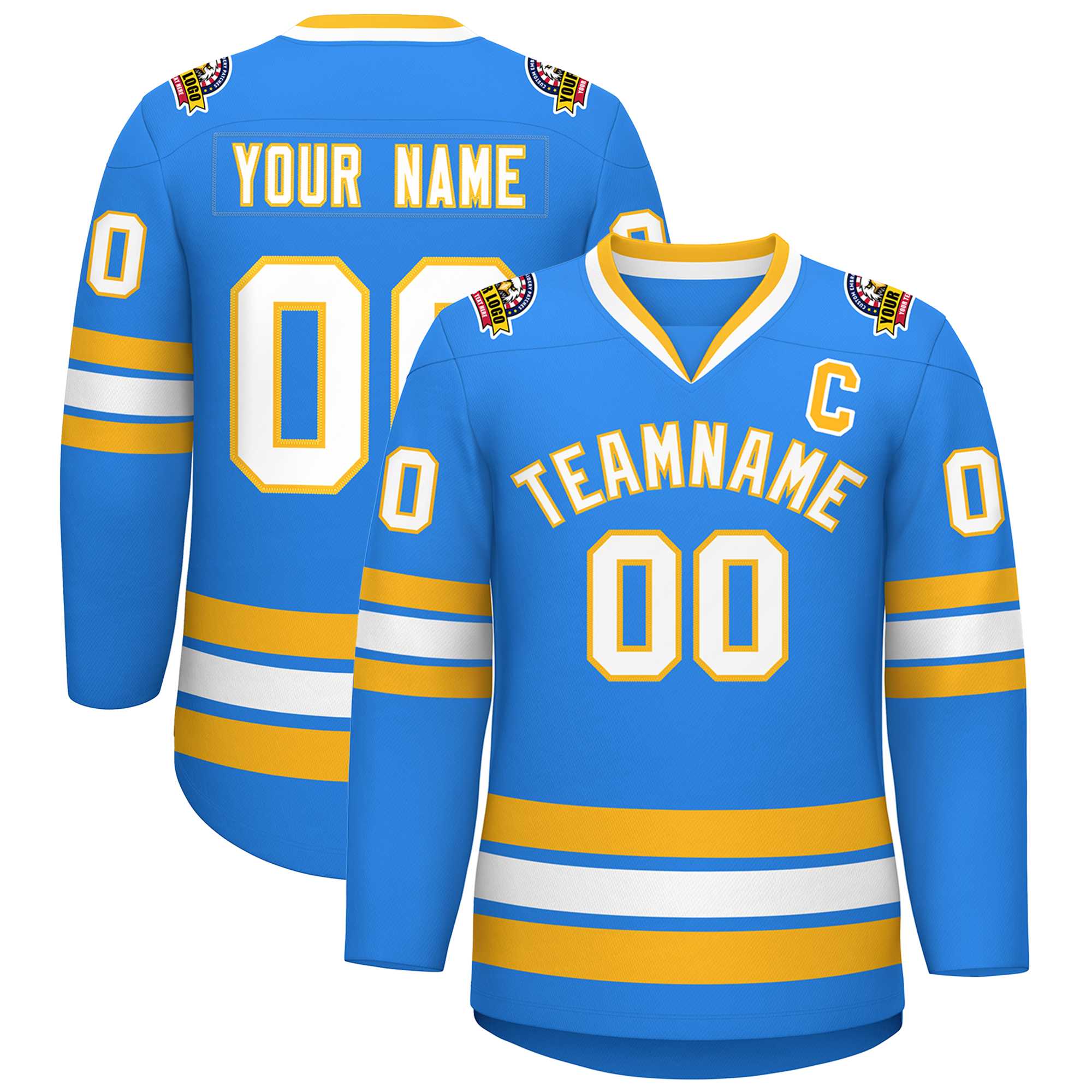 Custom Powder Blue White-Gold Classic Style Hockey Jersey