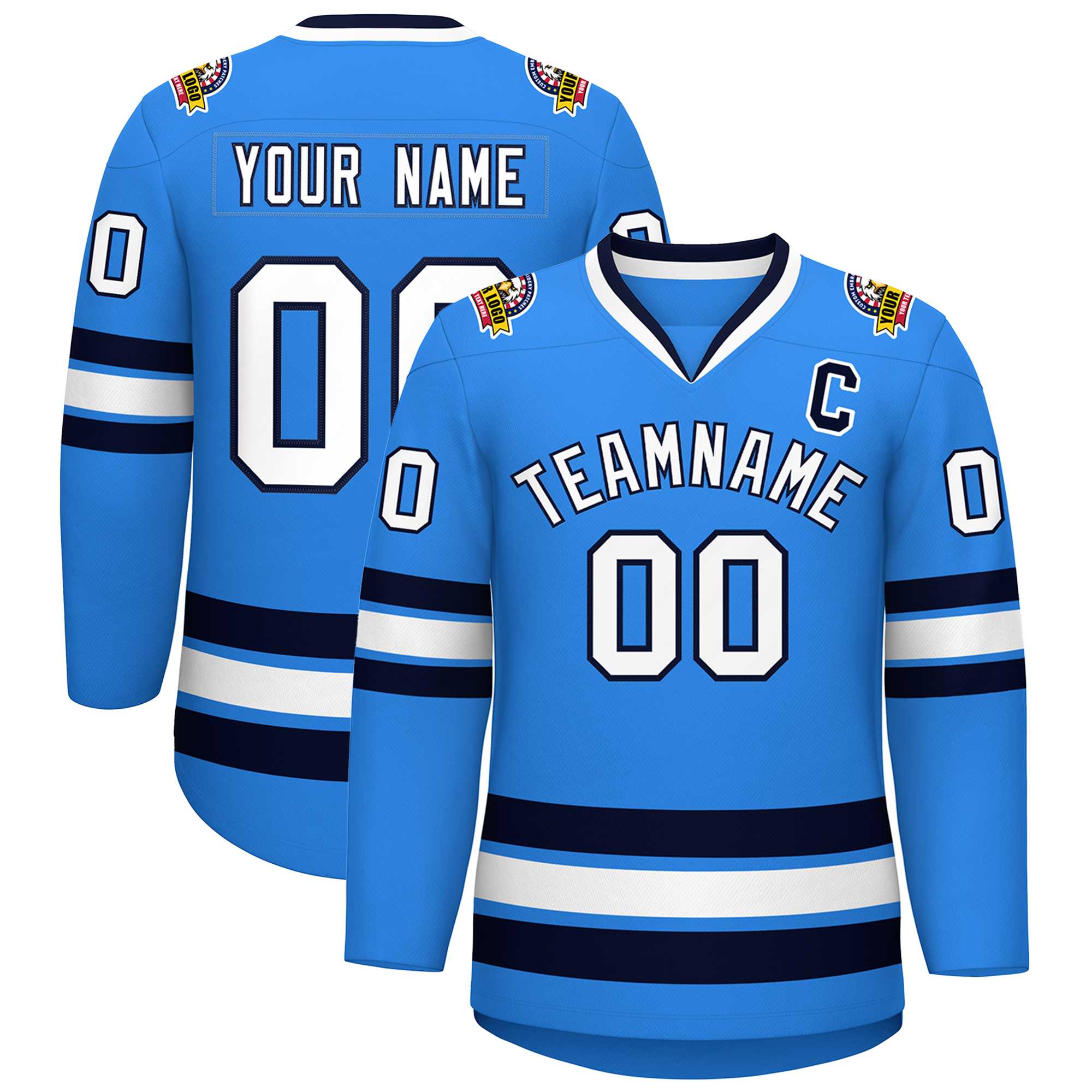 Custom Powder Blue White-Navy Classic Style Hockey Jersey