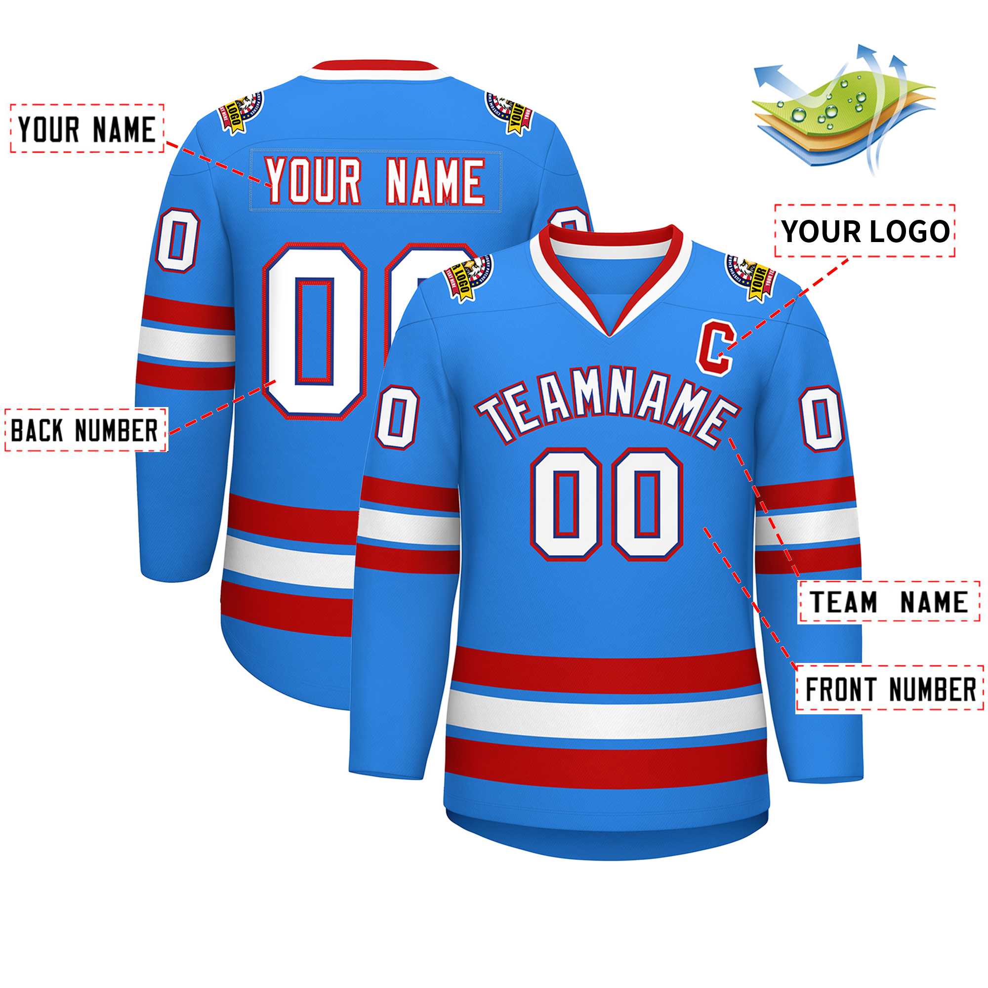 Maillot de hockey de style classique bleu poudre personnalisé blanc royal-rouge