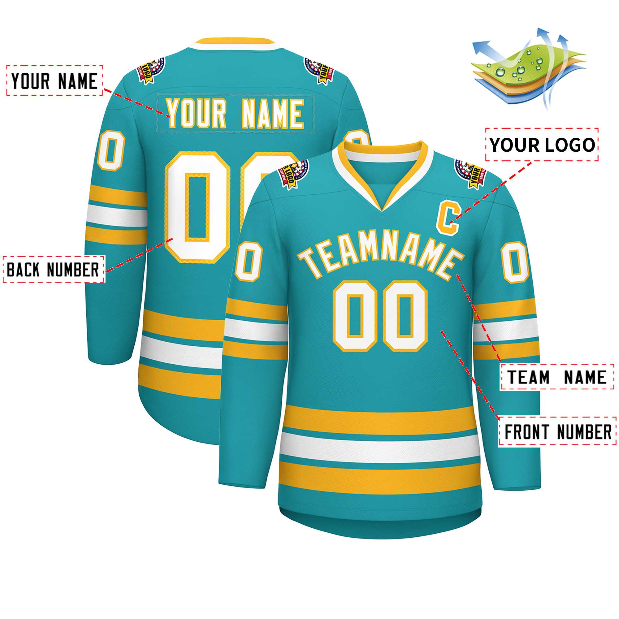 Custom Aqua White-Gold Classic Style Hockey Jersey