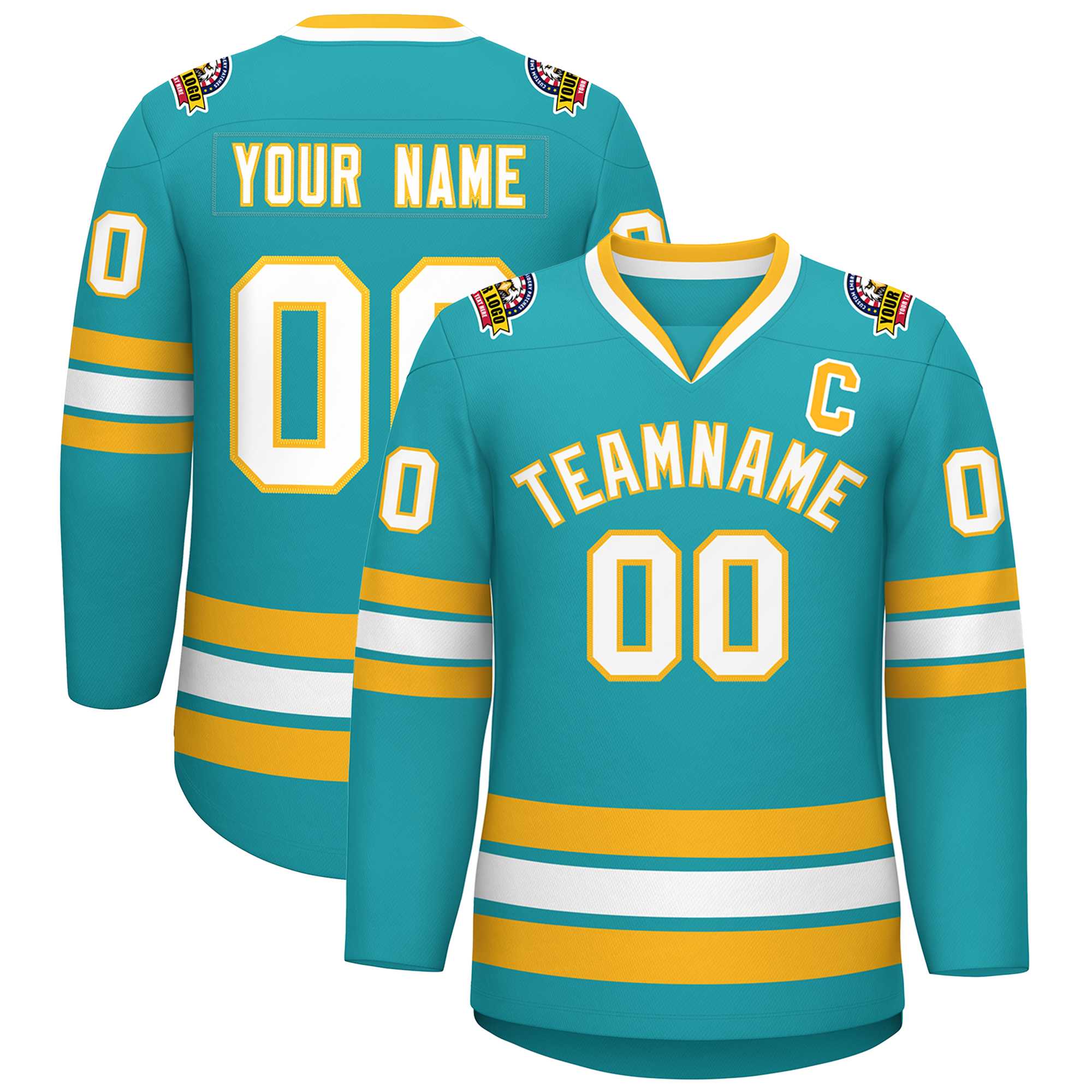 Custom Aqua White-Gold Classic Style Hockey Jersey