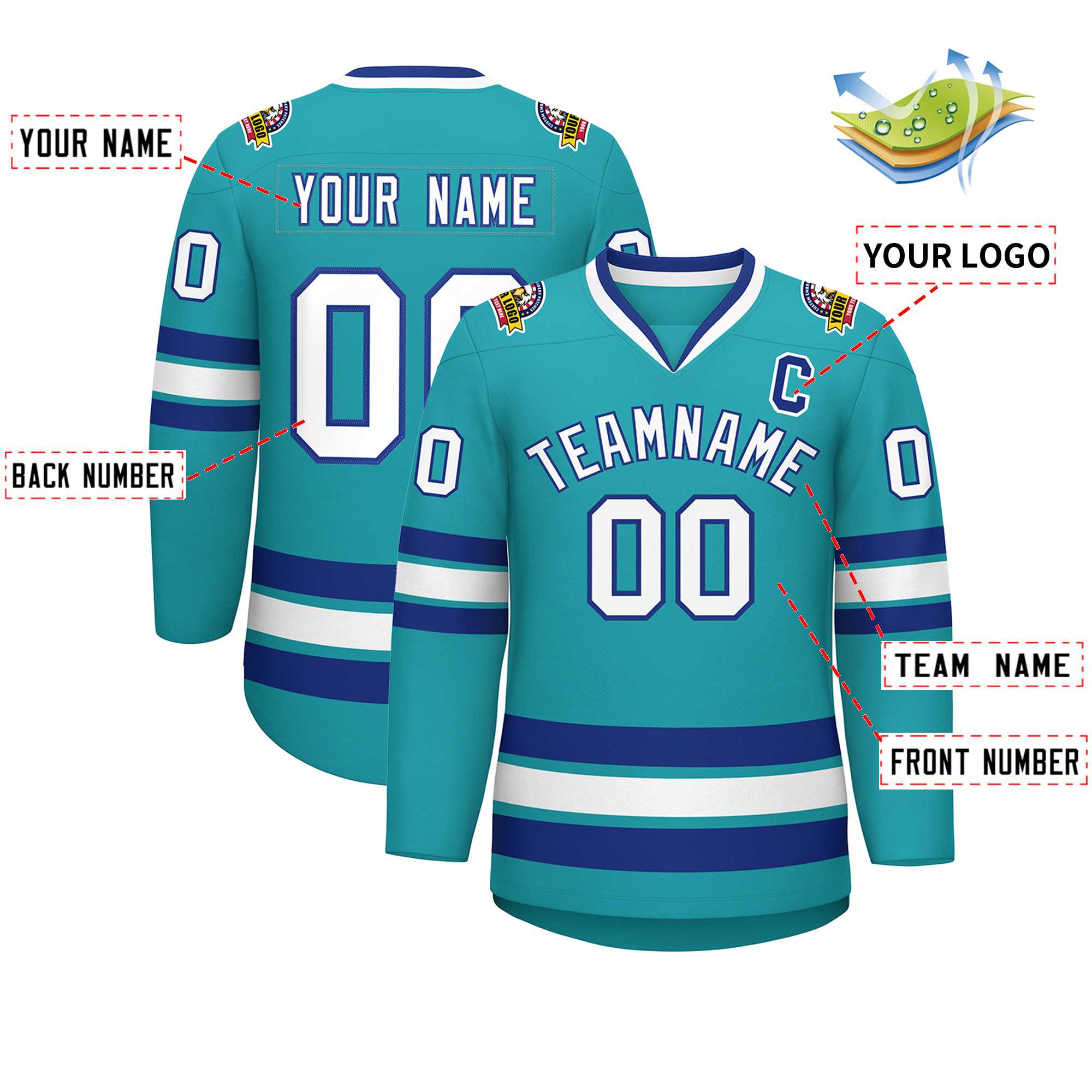 Custom Aqua White-Royal Classic Style Hockey Jersey