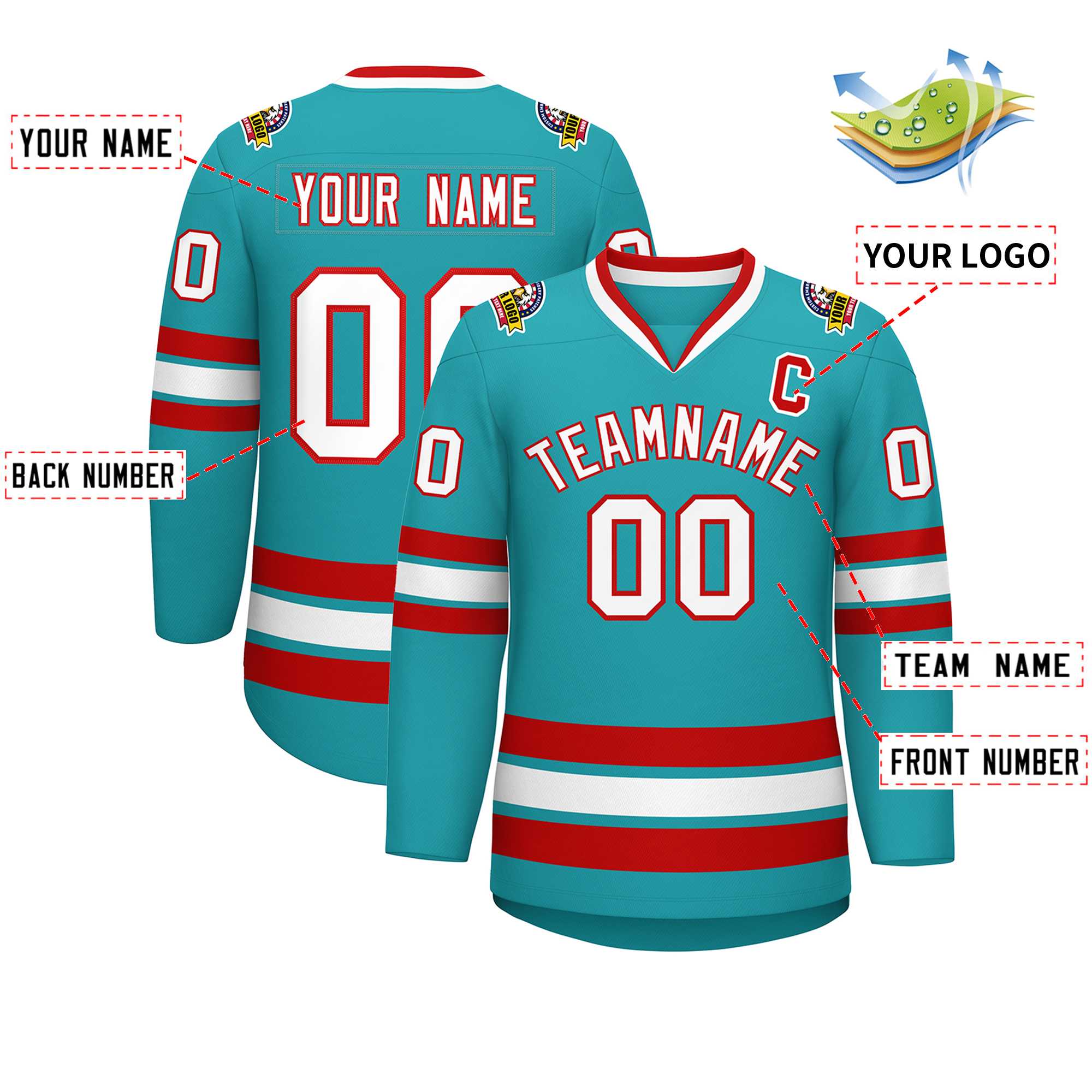 Maillot de hockey de style classique Aqua blanc-rouge personnalisé