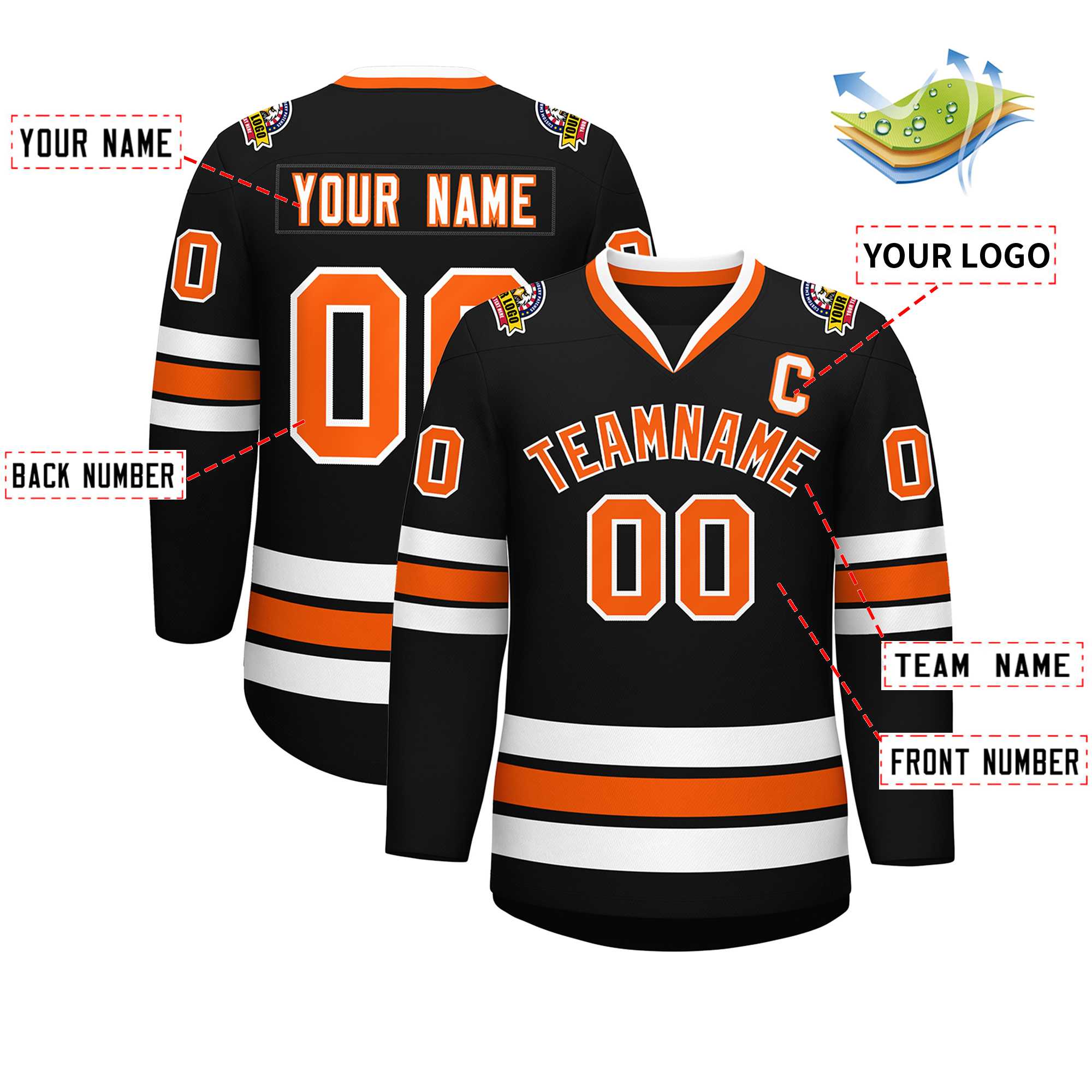 Maillot de hockey de style classique noir orange-blanc personnalisé