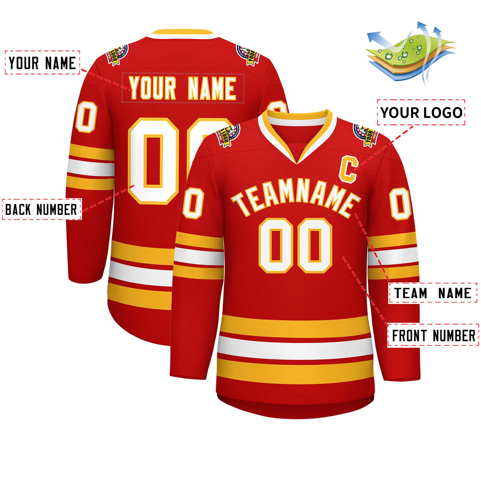 Custom Red White-Gold Classic Style Hockey Jersey