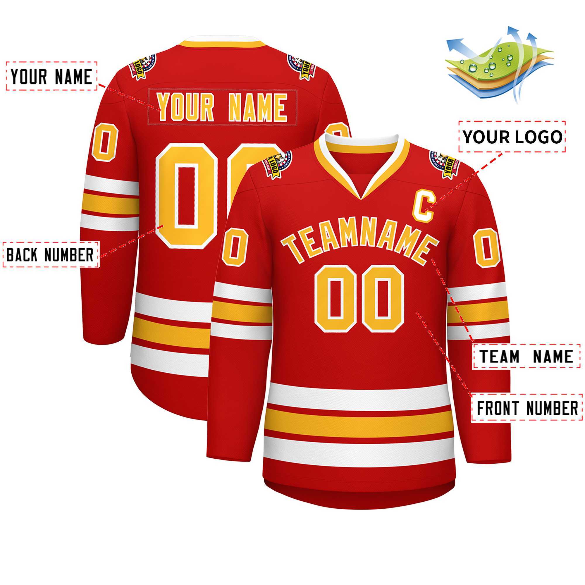 Custom Red Gold-White Classic Style Hockey Jersey