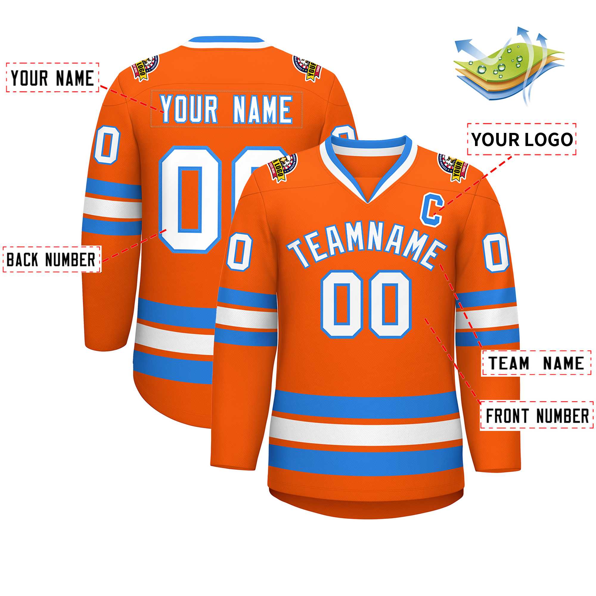 Maillot de hockey de style classique orange blanc-bleu poudre personnalisé